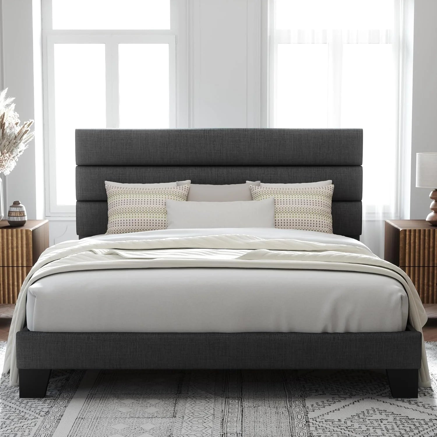 Allewie Queen Size Platform Bed Frame Fabric Upholstered Headboard Wooden Slats Support