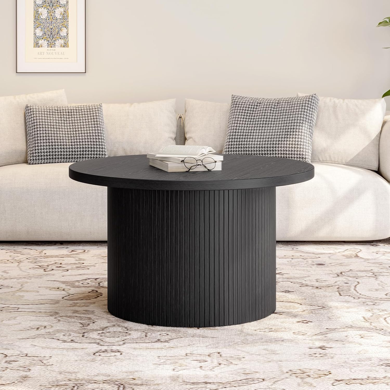 31.5 inch round coffee table living room roll-up coffee table mid-century modern wood coffee table