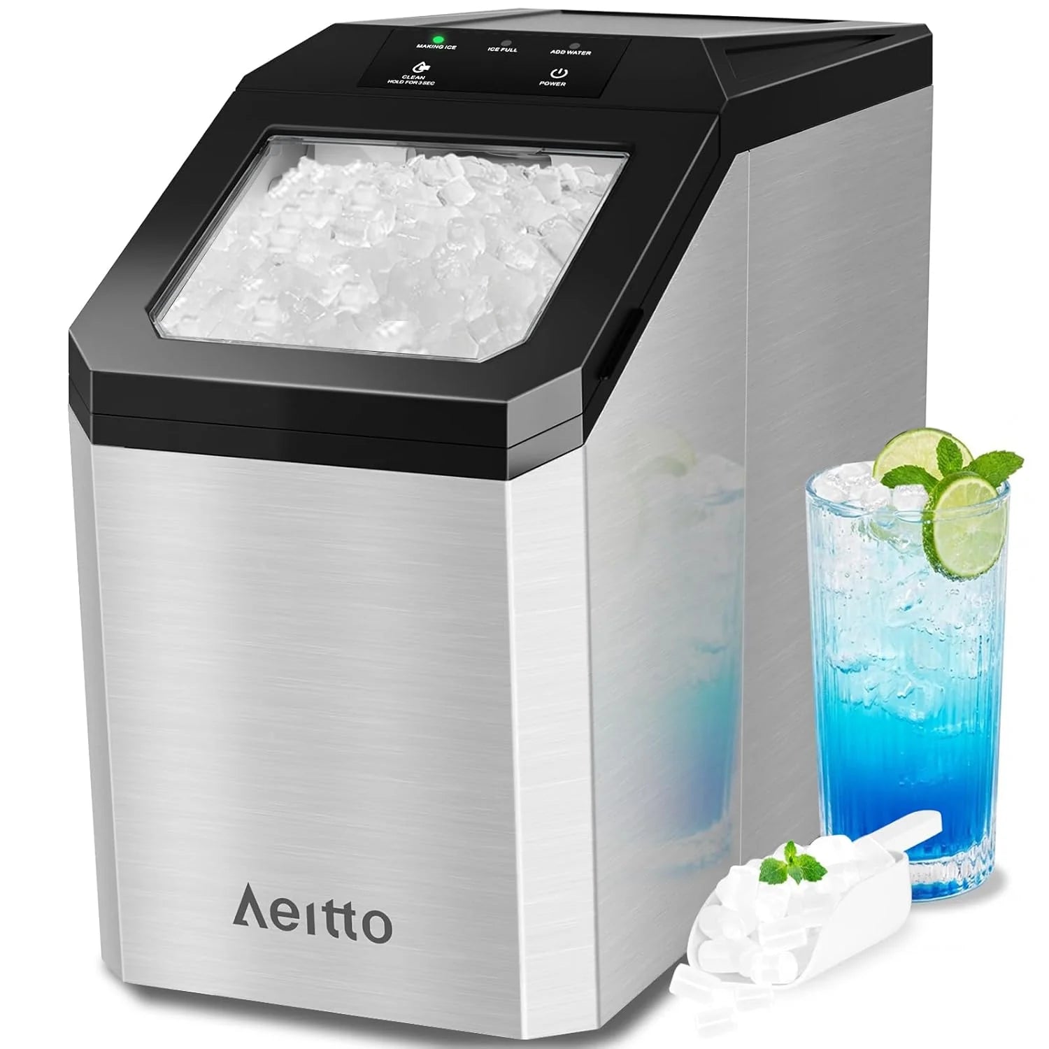 Aeitto Nugget Ice Maker Countertop, 42lbs/24H Ice Machine with 1.5L Water Tank, Rapid Ice Release in 6 Mins, Self-Cleaning Pebble Ice Maker with Basket and Scoop for Home Office RV and Party, Silver