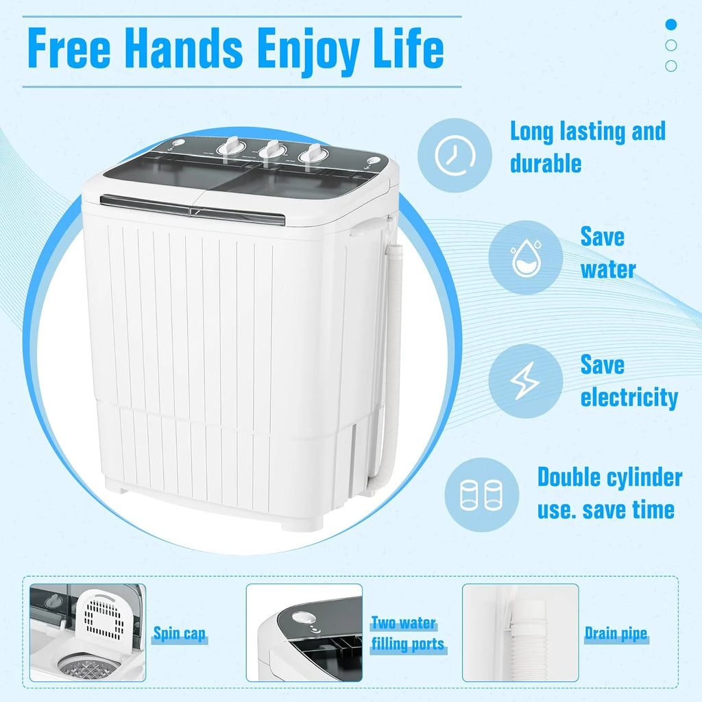 INTERGREAT Portable Washing Machine with Longer Hose, 16lbs Twin Tub Washer Mini Compact Laundry Washing Machine with Drain Pump, Semi-automatic Washer Combo for Dorms, Apartments, Blue