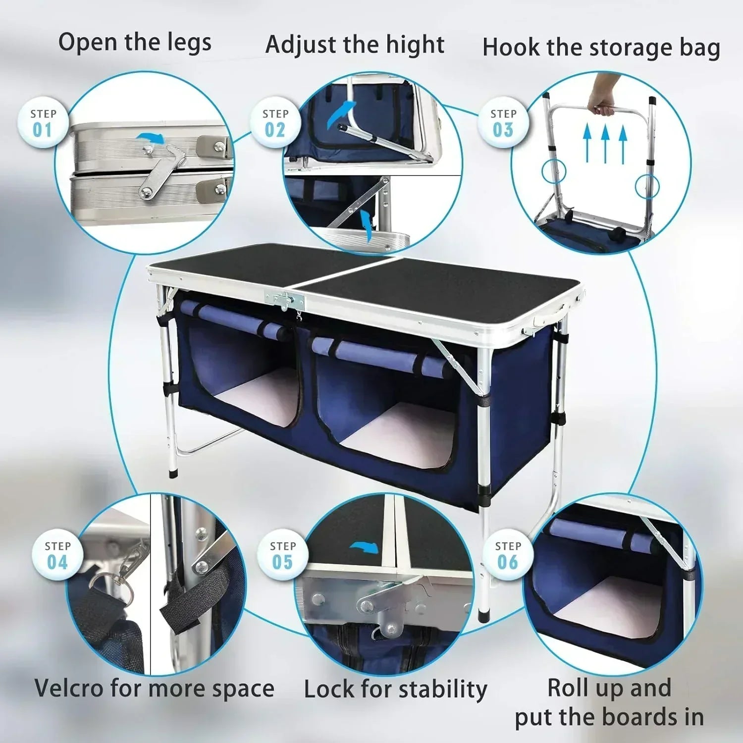 Outdoor Folding Table Aluminum Lightweight Height Adjustable with Storage Organizer