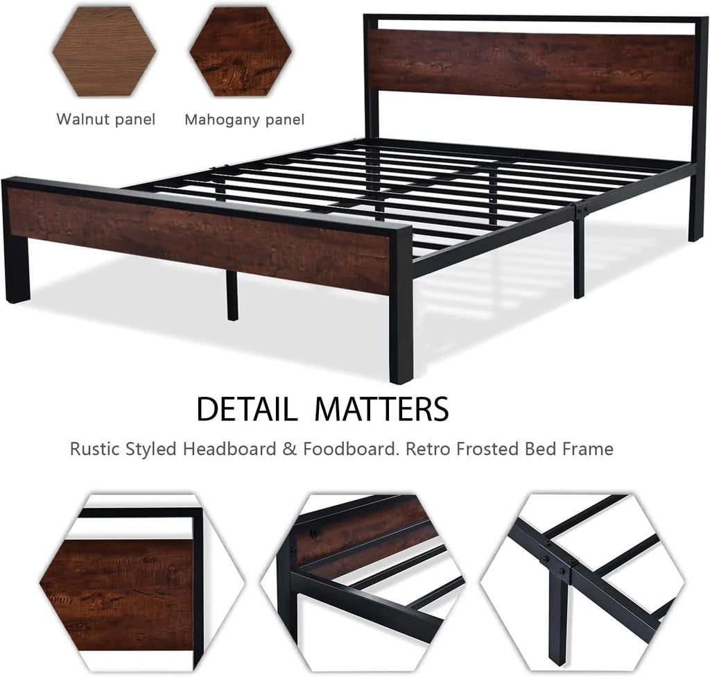 SHA CERLIN 14 Inch Full Size Metal Platform Bed Frame with Wooden Headboard and Footboard