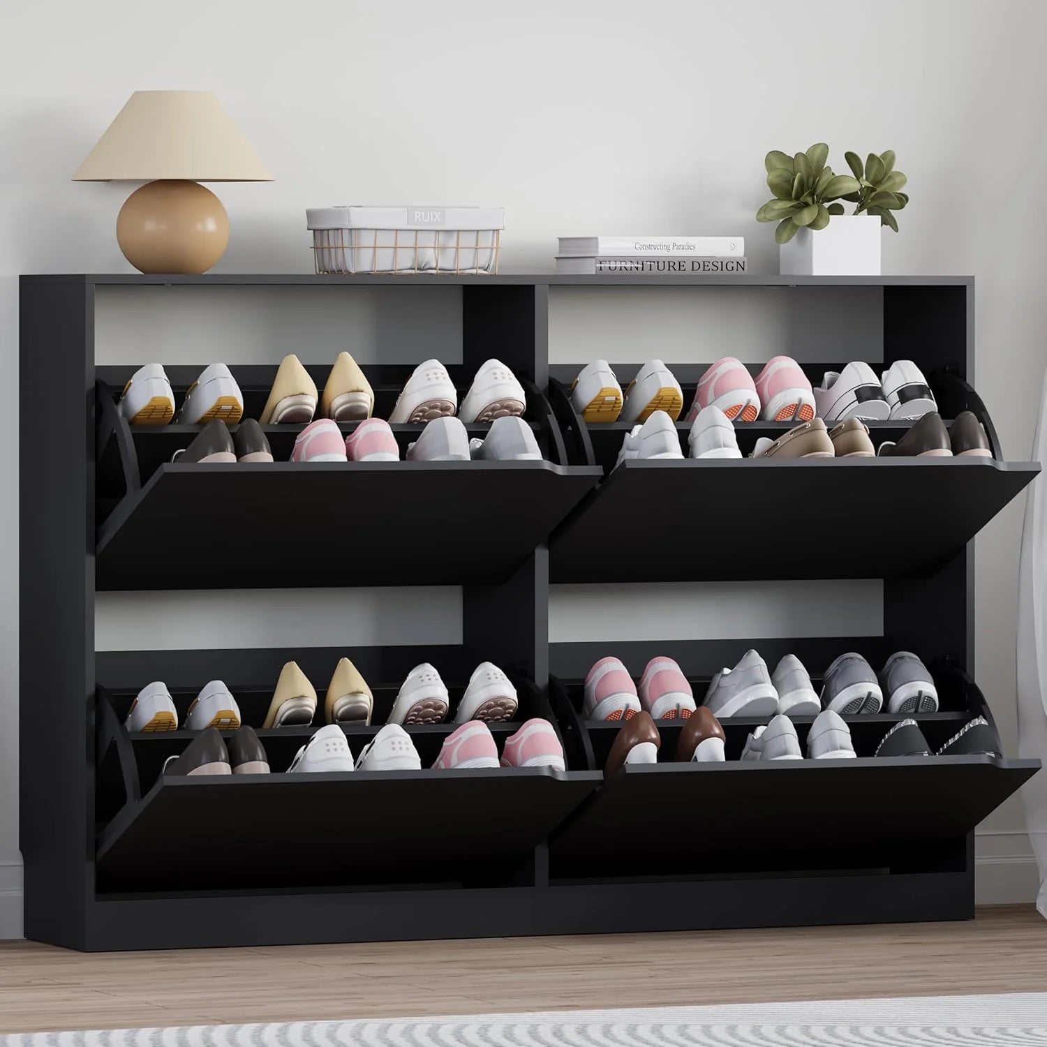 Shoe Cabinet with 3 Flip Drawers, Hidden Wood Shoe Cabinet,Freestanding Shoe Storage Cabinet