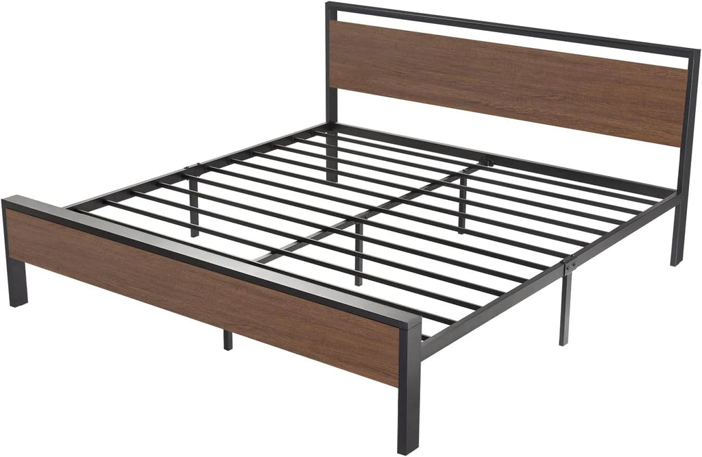 SHA CERLIN 14 Inch Queen Size Metal Platform Bed Frame with Wooden Headboard and Footboard