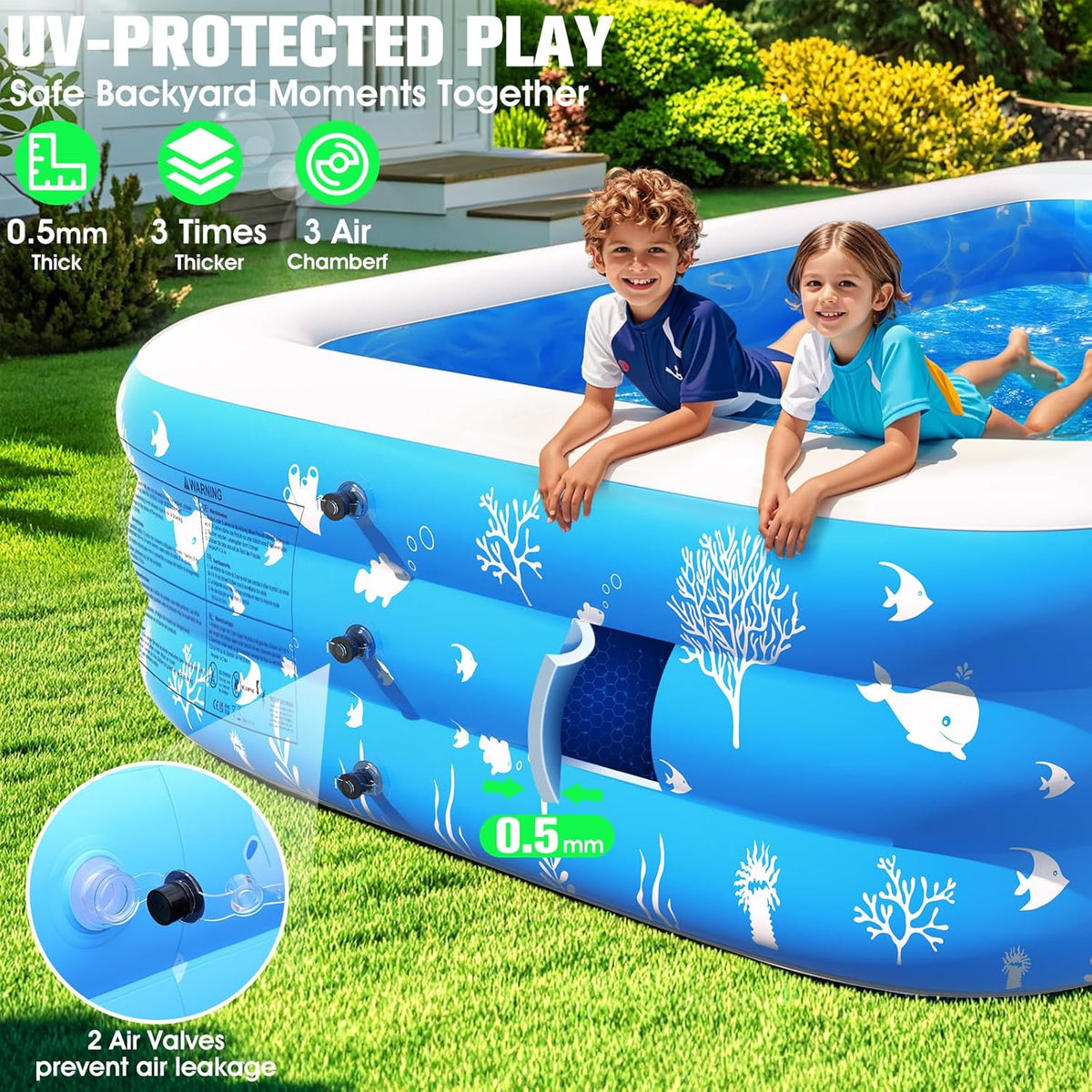 Inflatable Pool with Seat and Pool Lights, Durable Thickened Large Size Family Inflatable Pools for Adults Blow Up Pools,105 x 65 x 25Swimming Inflatable Kids PooI for Backyard,Outdoor (White)