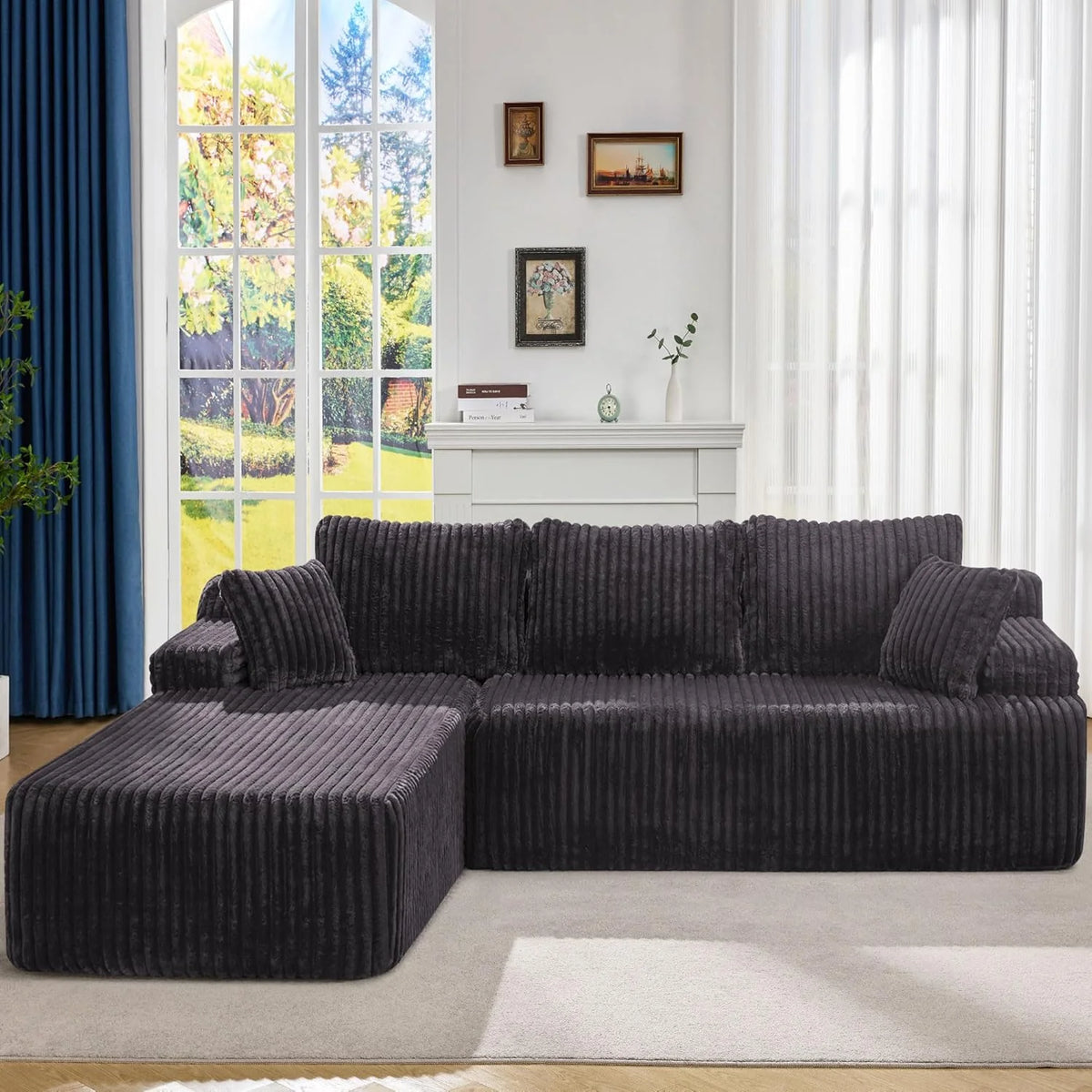 Modular Sectional Sofa Couches L-Shape Couch 3 Seat Modular Sofa Memory Foam Sectional Couches for Living Room, Cloud Couch with Oversized Chaise (Grey Stripe, 96 Left Facing Chaise)