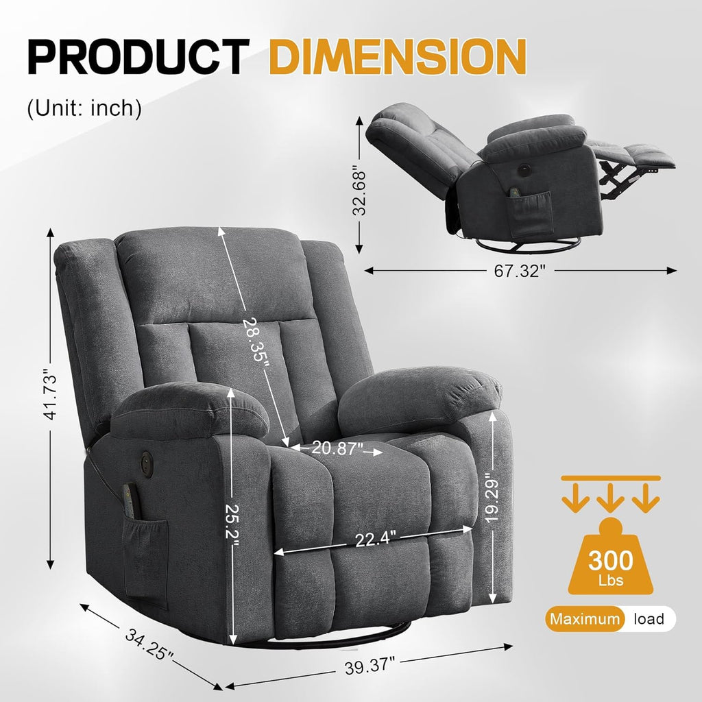 Adult rocking chair, gliding recliner, 360° rotating rocking chair with massage and heating function