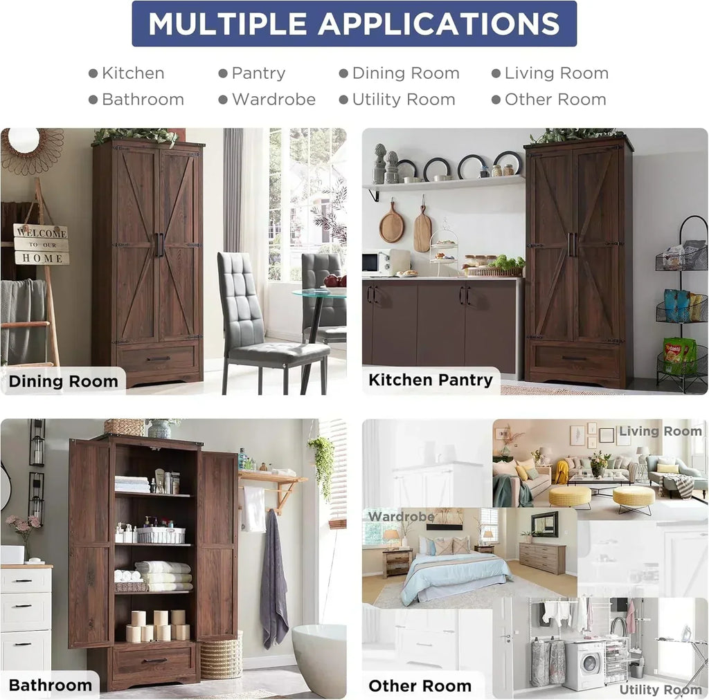 JXQTLINGMU Farmhouse Kitchen Pantry 72 Tall Wood Kitchen Storage Cabinet Adjustable Shelves