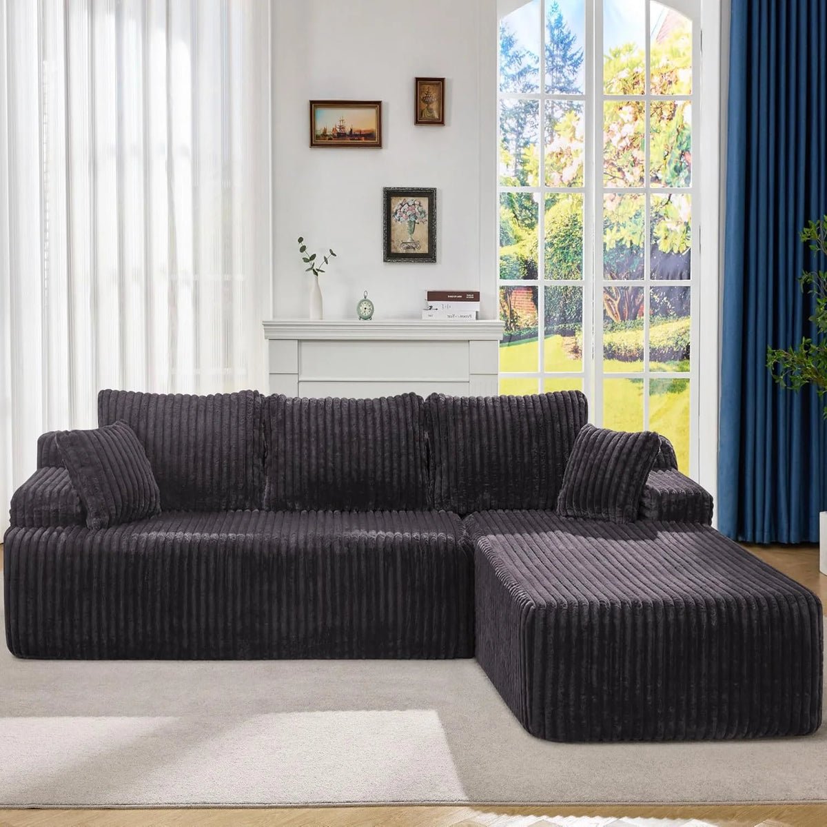 Modular Sectional Sofa Couches L-Shape Couch 3 Seat Modular Sofa Memory Foam Sectional Couches for Living Room, Cloud Couch with Oversized Chaise (Grey Stripe, 96 Left Facing Chaise)