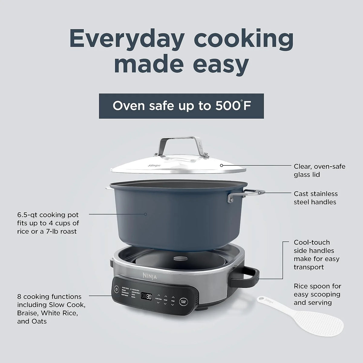 Ninja Slow Cookers 8.5-Quart Multi-Cooker with Dutch oven, steamer, glass lid with integrated spoon, nonstick and oven-safe pot