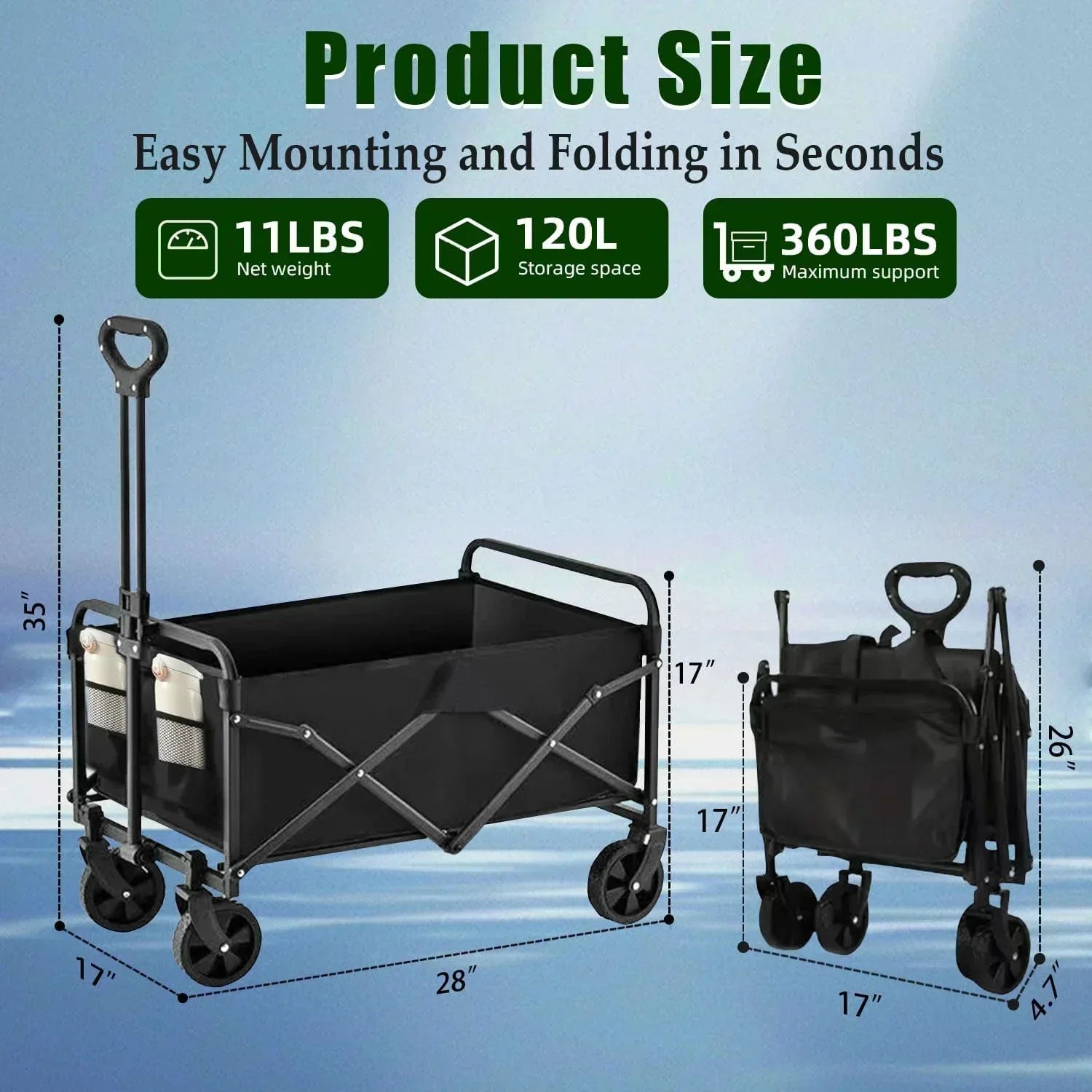 Foldable 4-wheel cart foldable 37 inches long 480 lb capacity heavy-duty beach cart