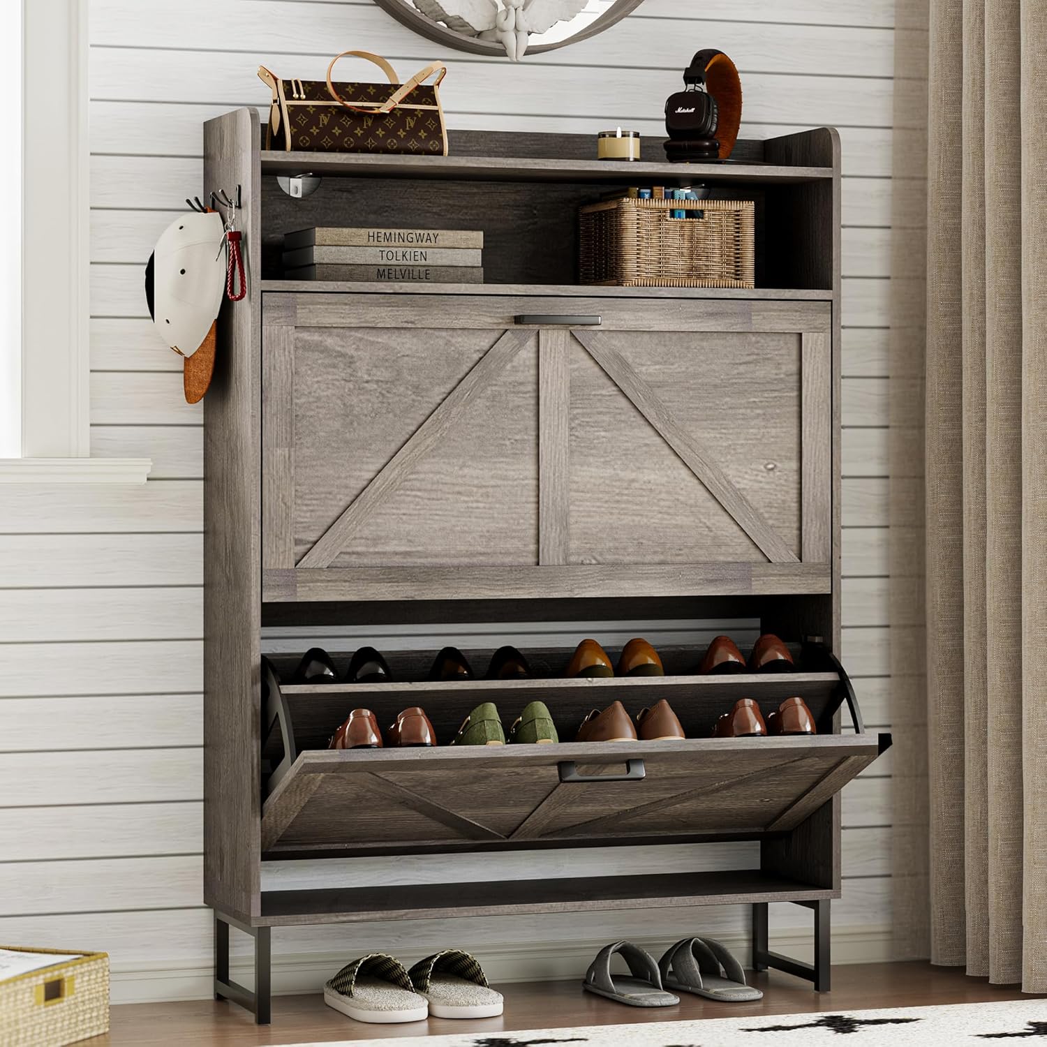 Shoe cabinet with 2 flip-top drawers Narrow shoe storage cabinet