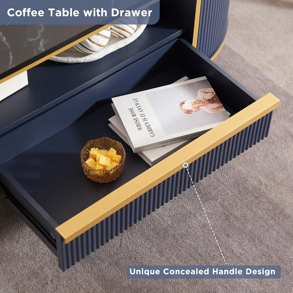 OKD Modern Luxury Grooved Coffee Table, 48 Inch Oval Coffee Table with Drawers, Imitation Marble Top, Curved Contour Design, Gold Metal Trim, Living Room Center Table