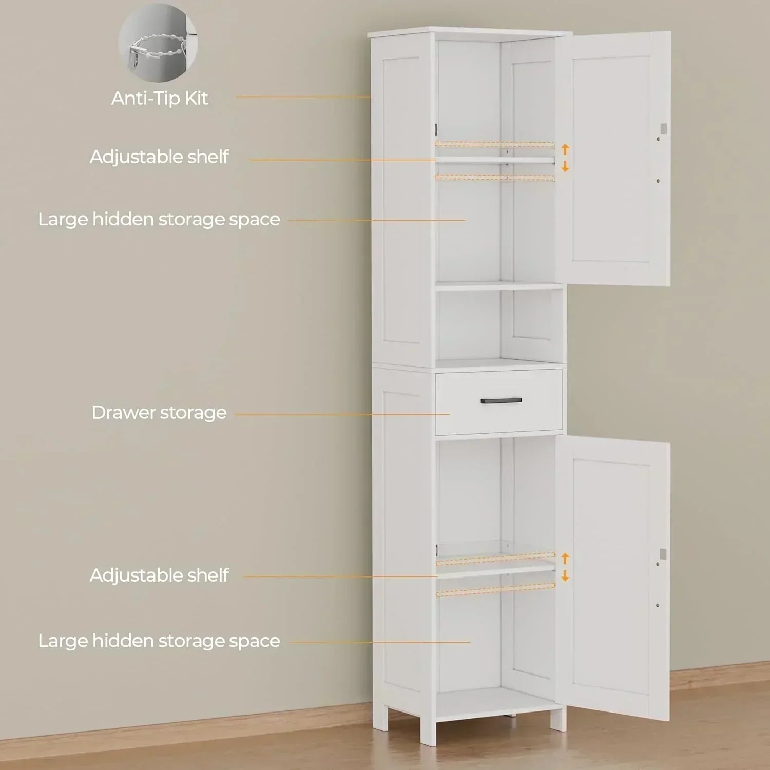 Homhedy 67 H Tall Bathroom Storage Cabinet with 2 Barn Doors and 1 Drawer Narrow Storage Unit