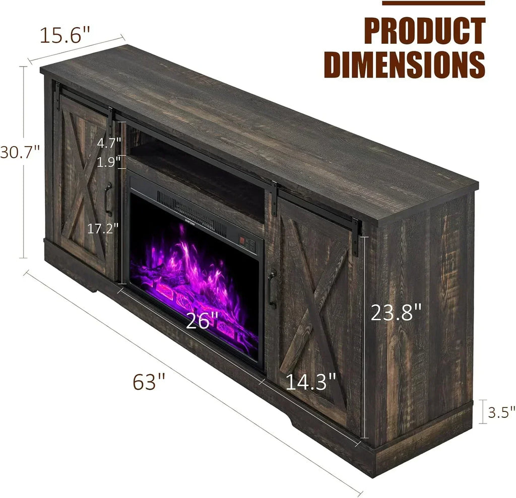 AMERLIFE Fireplace TV Stand with Sliding Barn Door  Farmhouse 63 Fireplace Entertainment Center