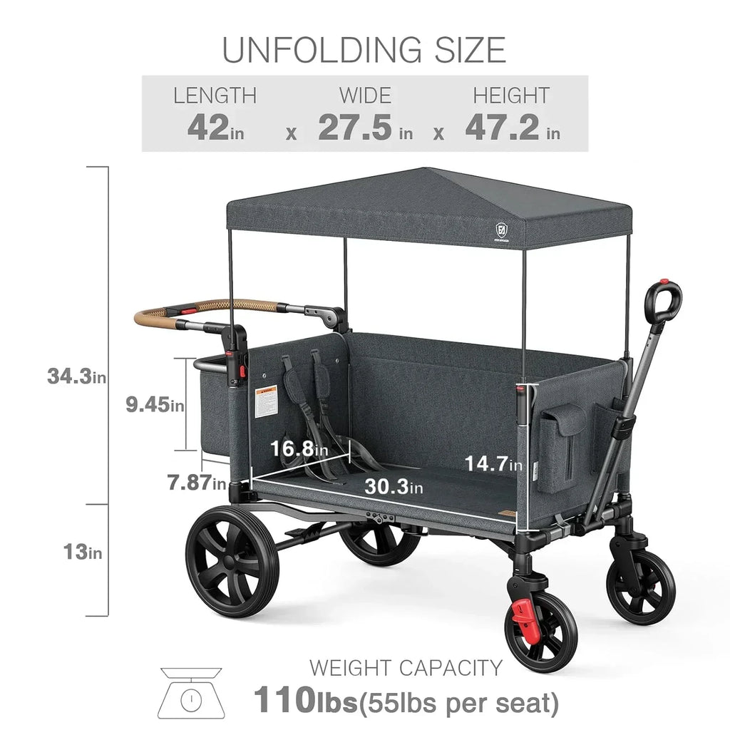 EVER ADVANCED Side-unzip Wagon Stroller for 2 Kids Push Pull Stroller with Adjustable Handle