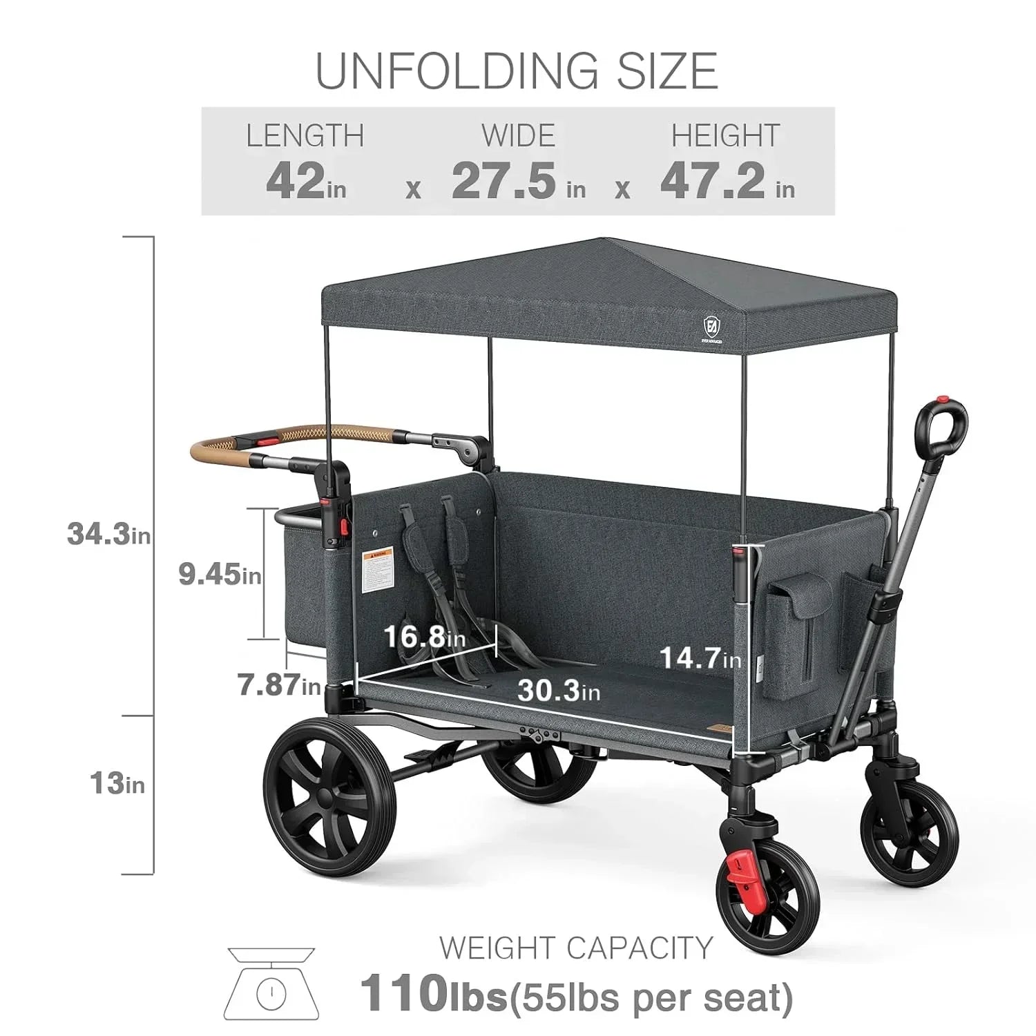 EVER ADVANCED Side-unzip Wagon Stroller for 2 Kids Push Pull Stroller with Adjustable Handle