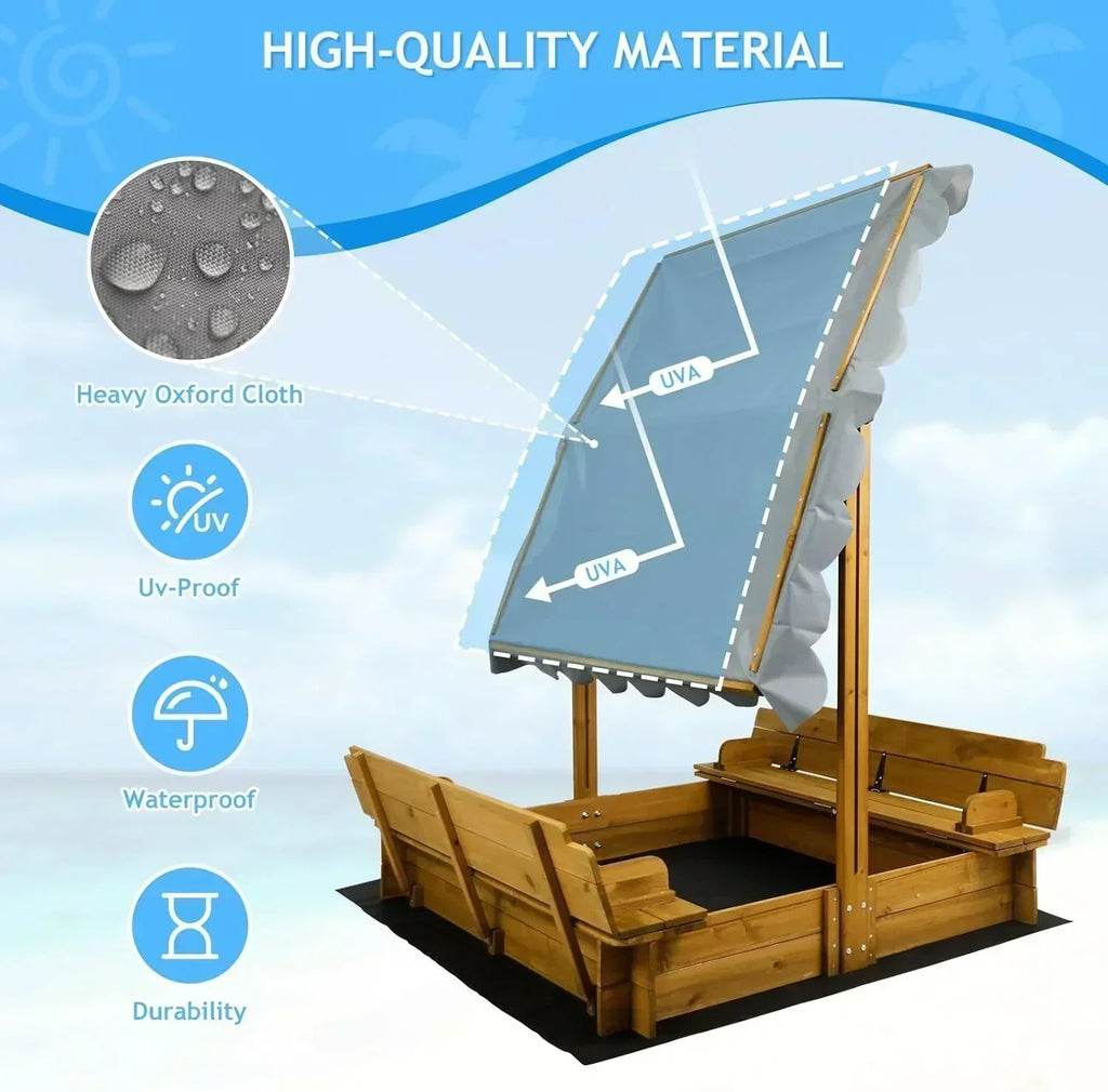 Kids Sandbox with Lid Wooden Sand Box Cover Outdoor UV-Protection Natural Wood Foldable Bench Seat
