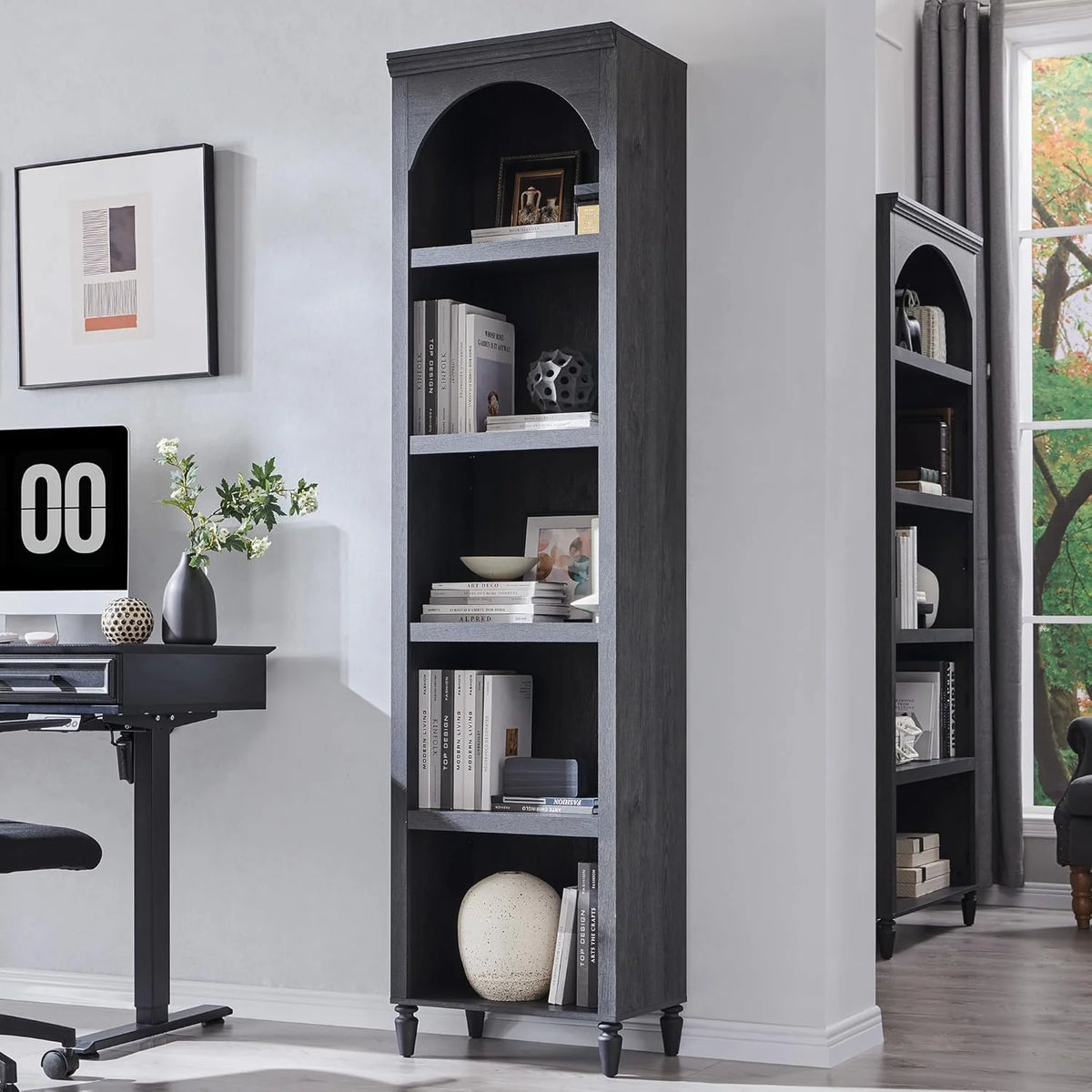 IFGET 76 Tall Arched Bookcase Farmhouse 5 Tiers Large Arched Bookshelf Cabinet Adjustable Shelves