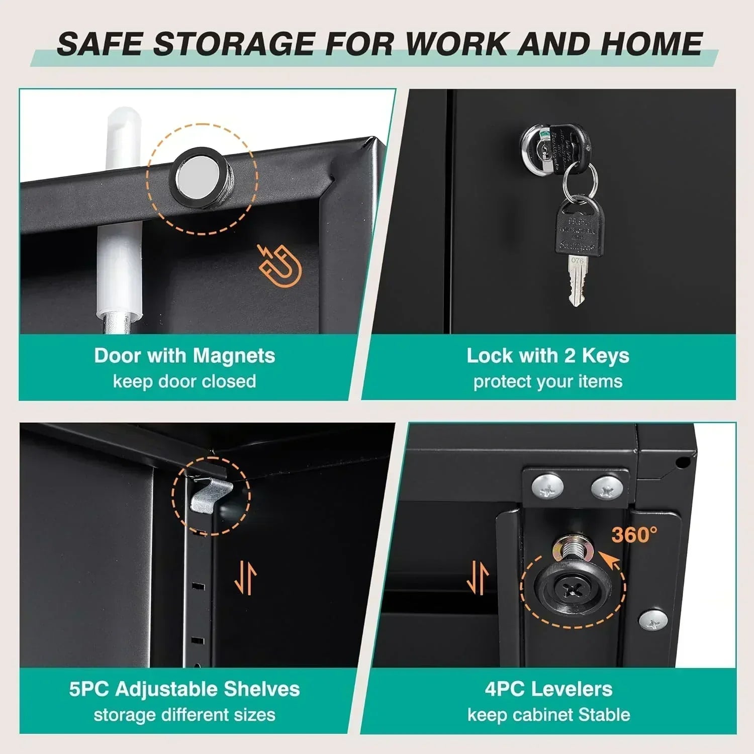 Metal Storage Cabinet with 2 Doors and 6 Shelves Black Metal Cabinet Garage Storage Cabinet