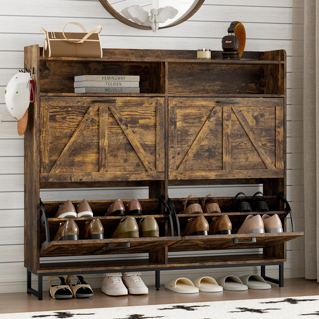Shoe Cabinet with 2 Flip Drawers Narrow Shoe Storage Cabinet Organizer Wooden Freestanding Rack