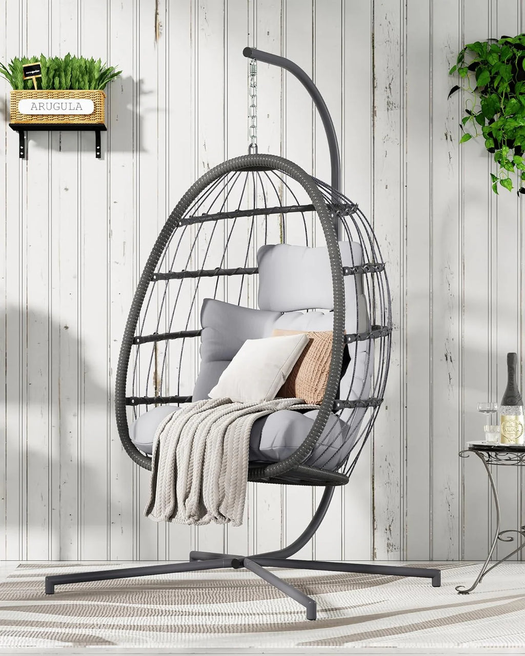 HWB Hanging Egg Chair Patio Wicker Hammock Egg Swing Chair with Cushion for Bedroom