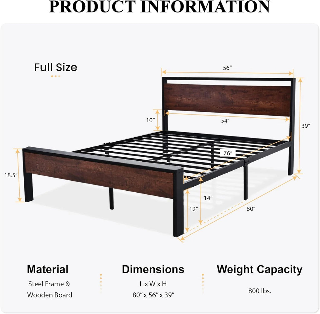 SHA CERLIN 14 Inch Full Size Metal Platform Bed Frame with Wooden Headboard and Footboard
