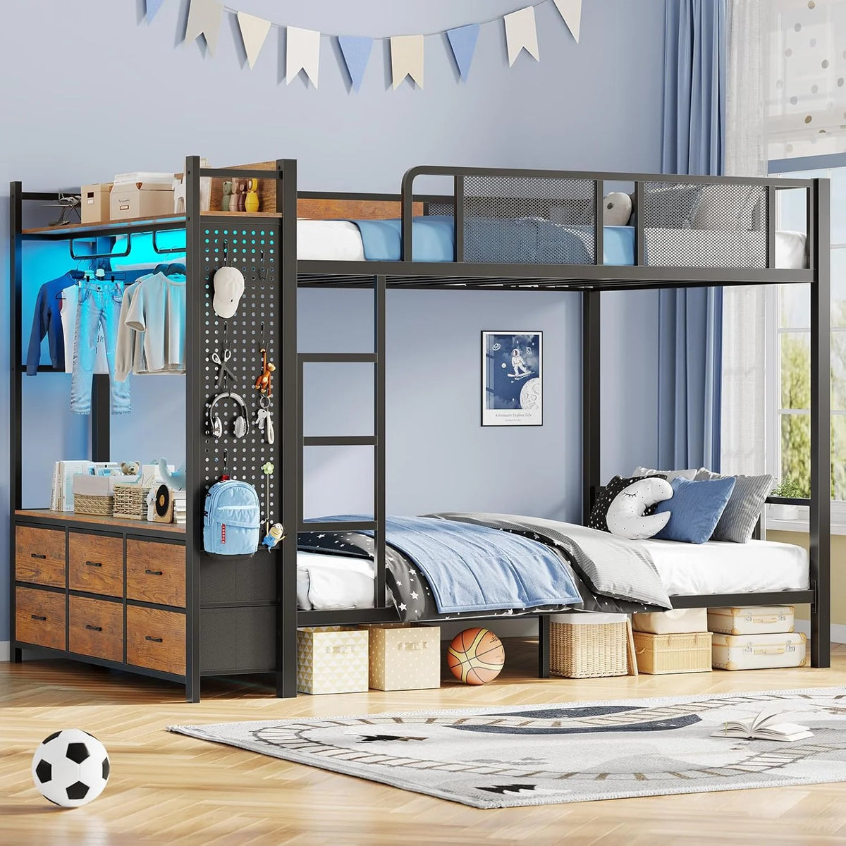 Itaar Metal Bunk Bed Twin Over Twin Hall Tree Power Outlet LED Bunk Bed 4 Storage Drawers
