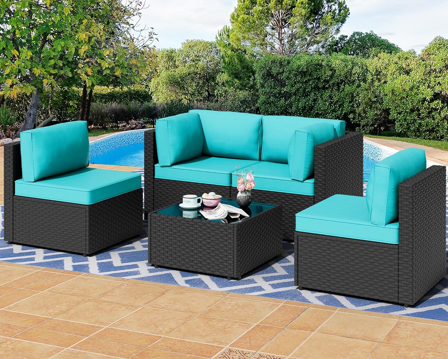 7 Pieces Outdoor Patio Sectional Sofa Couch, Wicker Furniture Patio Conversation Sets with Washable Cushions & Coffee Table for Garden, Poolside, Backyard