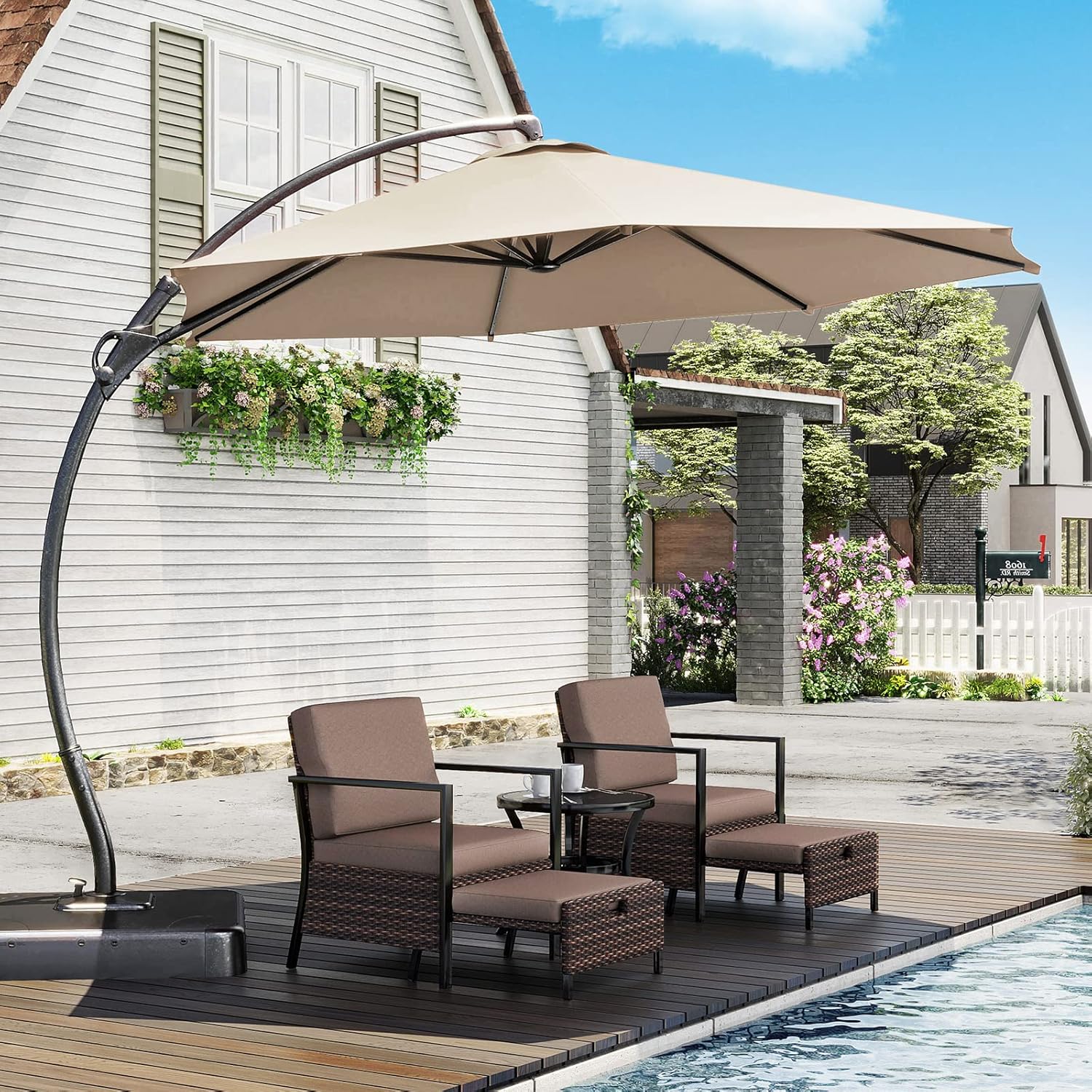 LAUSAINT HOME Outdoor Patio Umbrella with Base included, 11 FT Deluxe Curvy Cantilever Umbrella Heavy Duty Offset Hanging Umbrella with 360° Rotation for Market, Pool, Garden, Backyard, Deck (Beige)