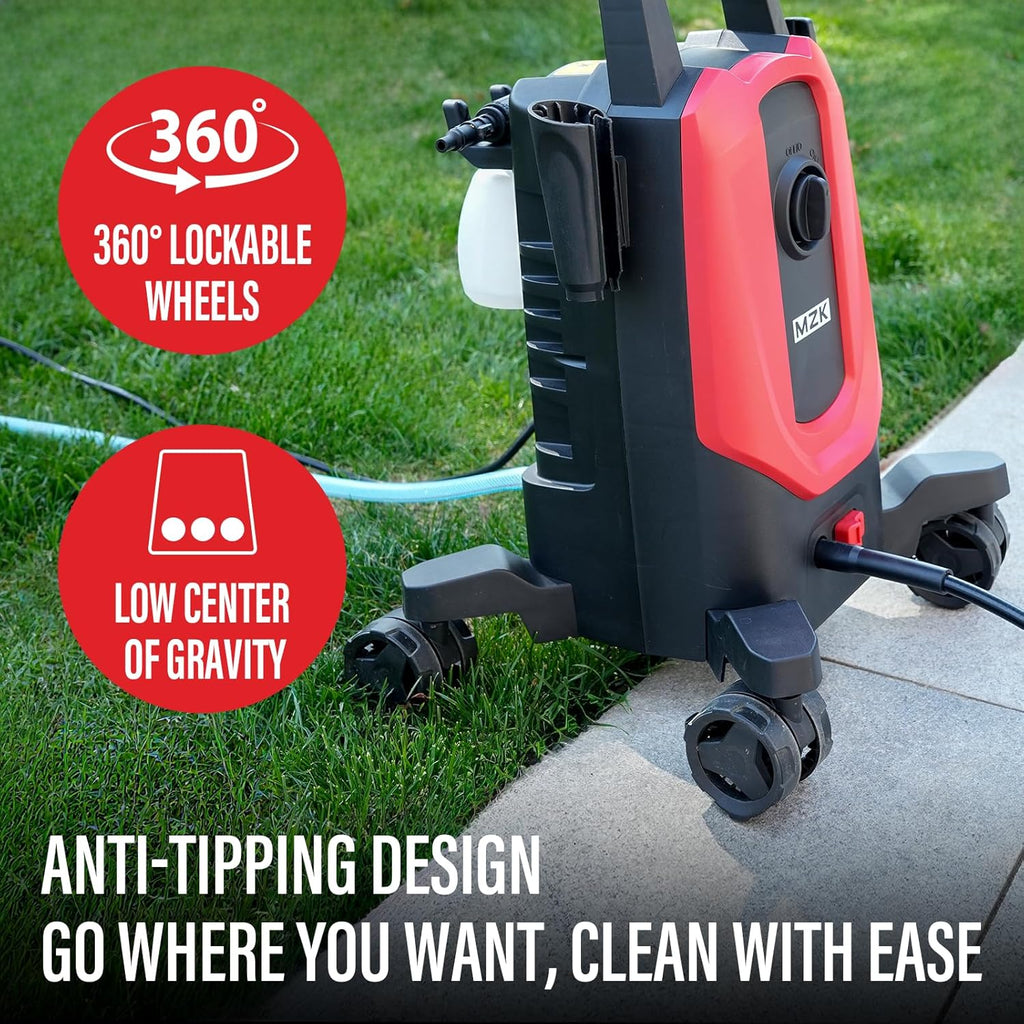 MZK electric high-pressure cleaner with 360�� quick-connect nozzle and easily replaceable foam cannon