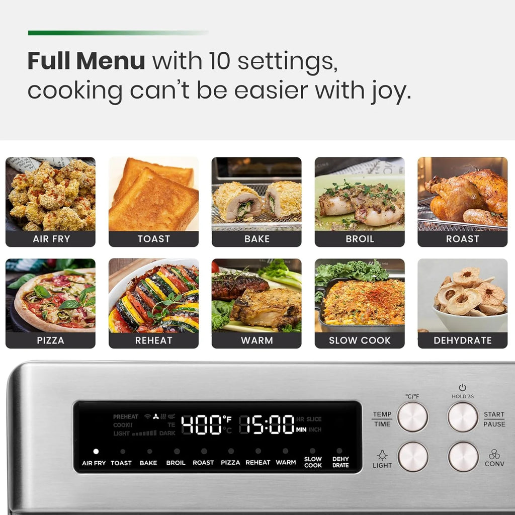 Infrared Heating Air Fryer Toaster Oven, Extra Large Countertop Convection Oven 10-in-1 Combo, 6-Slice Toast, Enamel Baking Pan Easy Clean with Recipe Book, Black Matte Stainless Steel