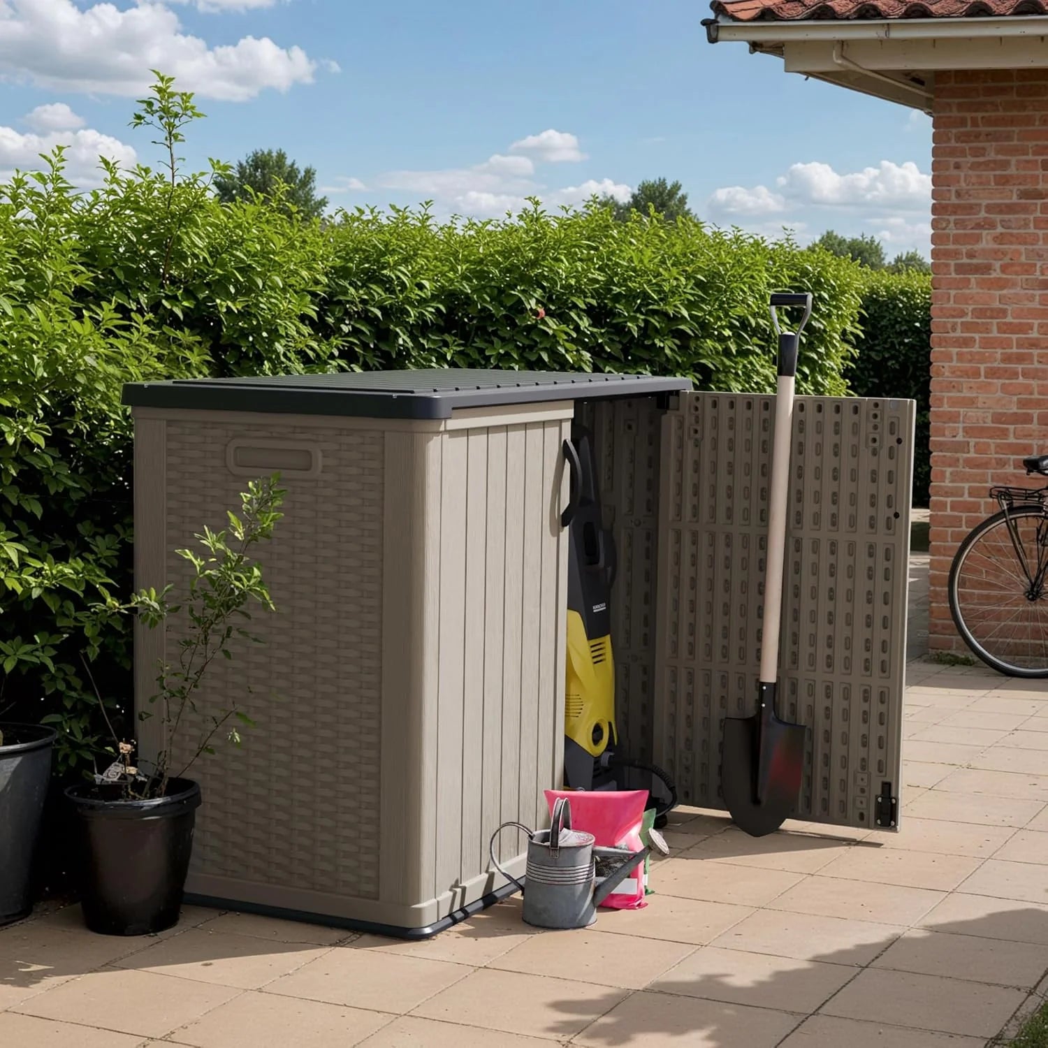 Devoko Outdoor Storage Cabinet 26 Cu Ft with Lockable Doors, Horizontal Storage Shed Waterproof Patio Tools Storage Box