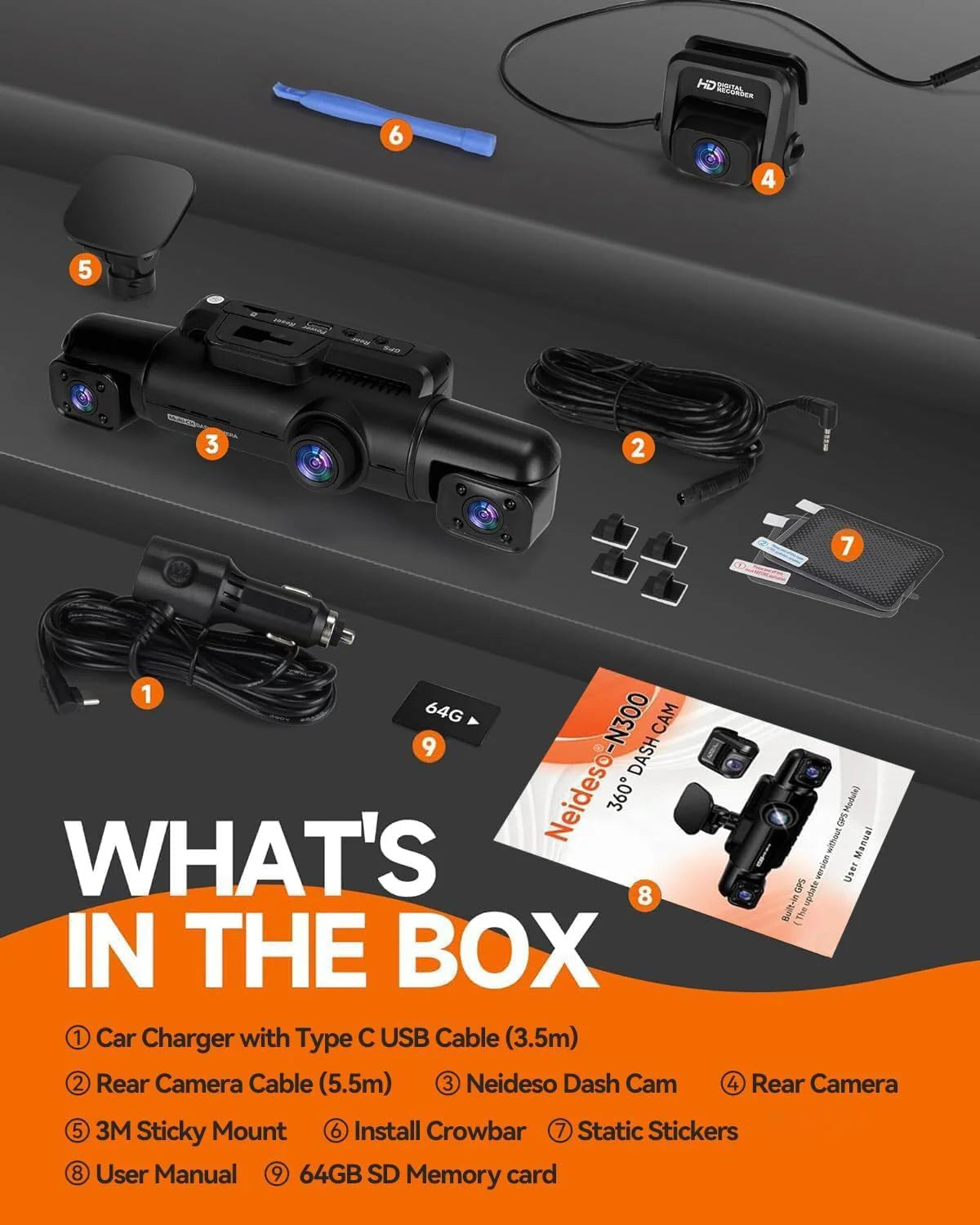 360�� Dash Cam 4-Channel FHD 4*1080P Wi-Fi GPS Voice Control Car Camera, Front 2K+1080P*2 Dash Cam, with 64GB SD Card, Night Vision, 24-Hour Parking Mode
