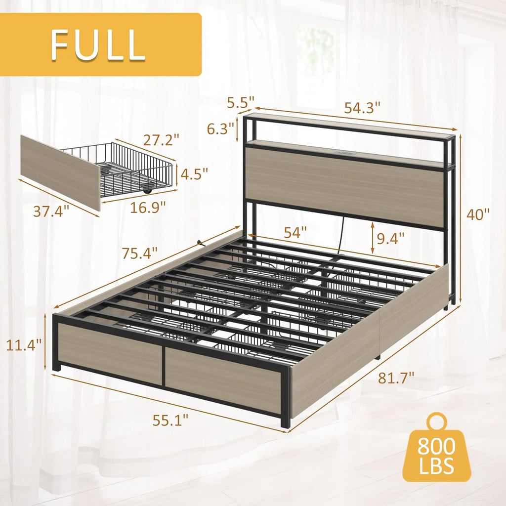 Lifezone Queen Bed Frame with 2-Tier Storage Headboard, Metal Platform Bed Frame with 4 Storage Drawers, Built in Charging Station & LED, Noise-Free/Metal Support/No Box Spring Needed