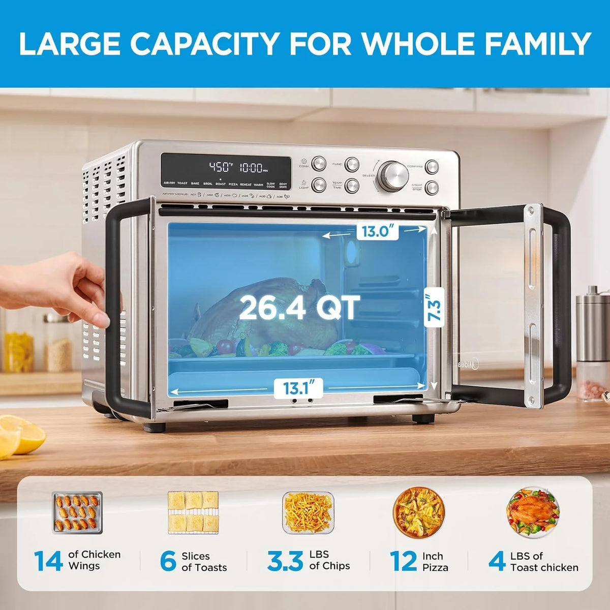 Flexify French Door Toaster Oven Air Fryer Combo 26.4 QT Extra Large Air Fryer Countertop