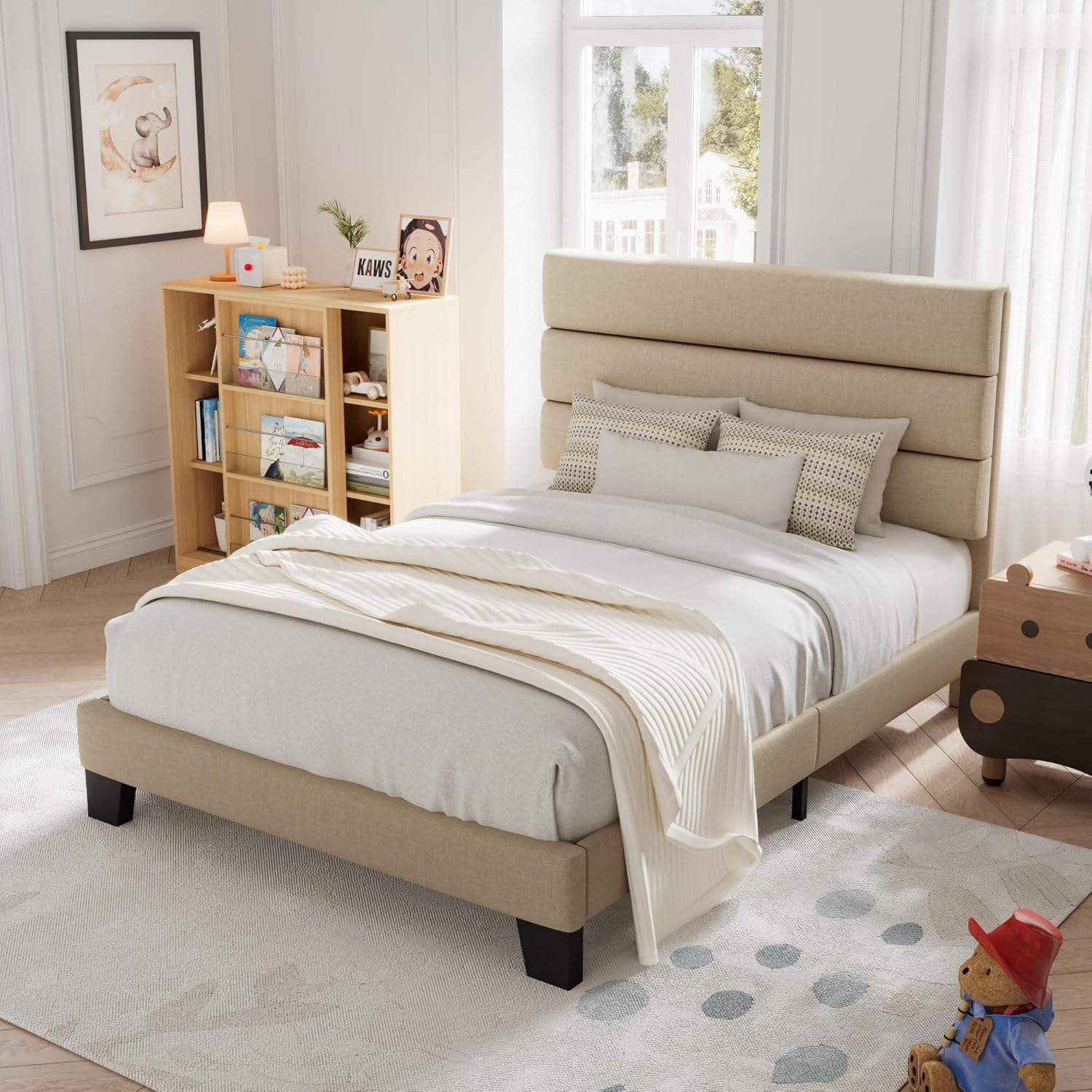 Allewie Queen Size Platform Bed Frame Fabric Upholstered Headboard Wooden Slats Support