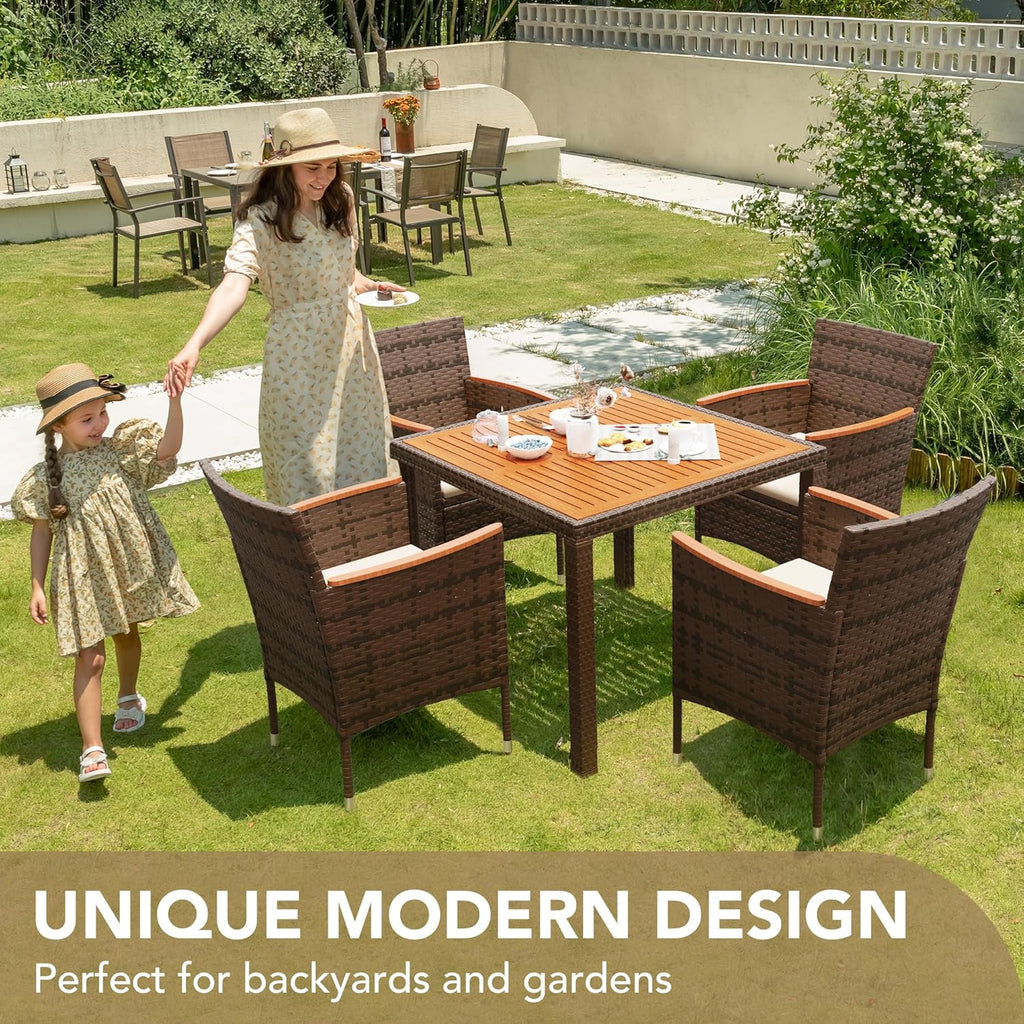 Devoko Dining 7 PCS Furniture Patio Conversation Set with Acacia Wood Table Top Rattan Outdoor