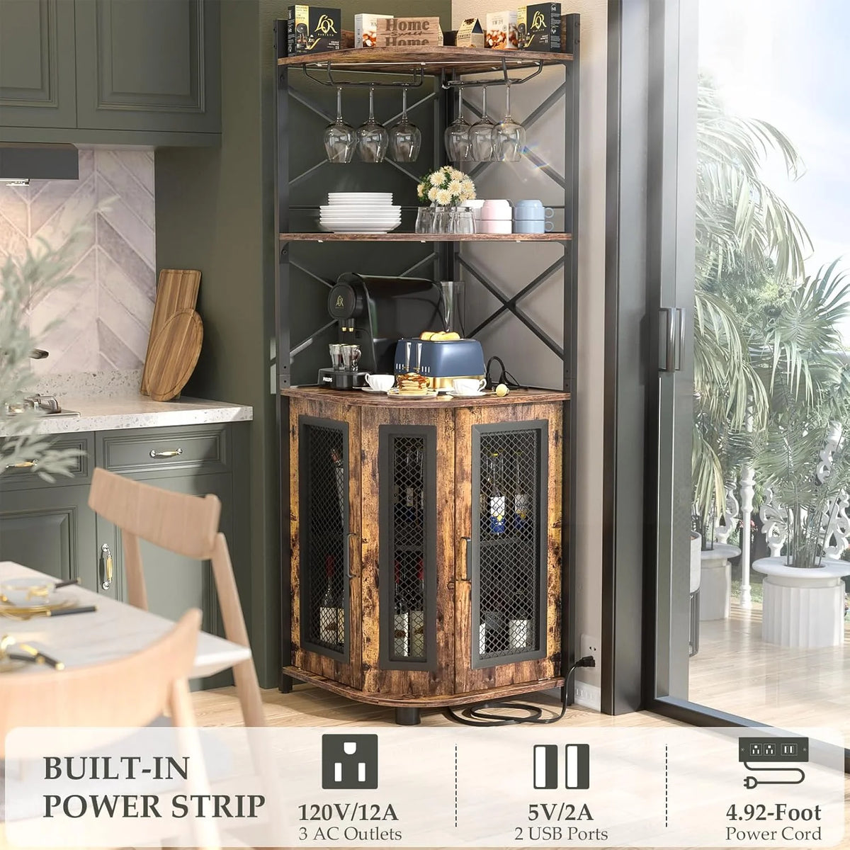 Aheaplus Corner Bar Cabinet with Power Outlet, Industrial Wine Cabinet with LED Strip and Glass Holder, 5-Tiers Liquor Cabinet Bar Unit for Home, Corner Display Cabinet for Small Space, White Oak