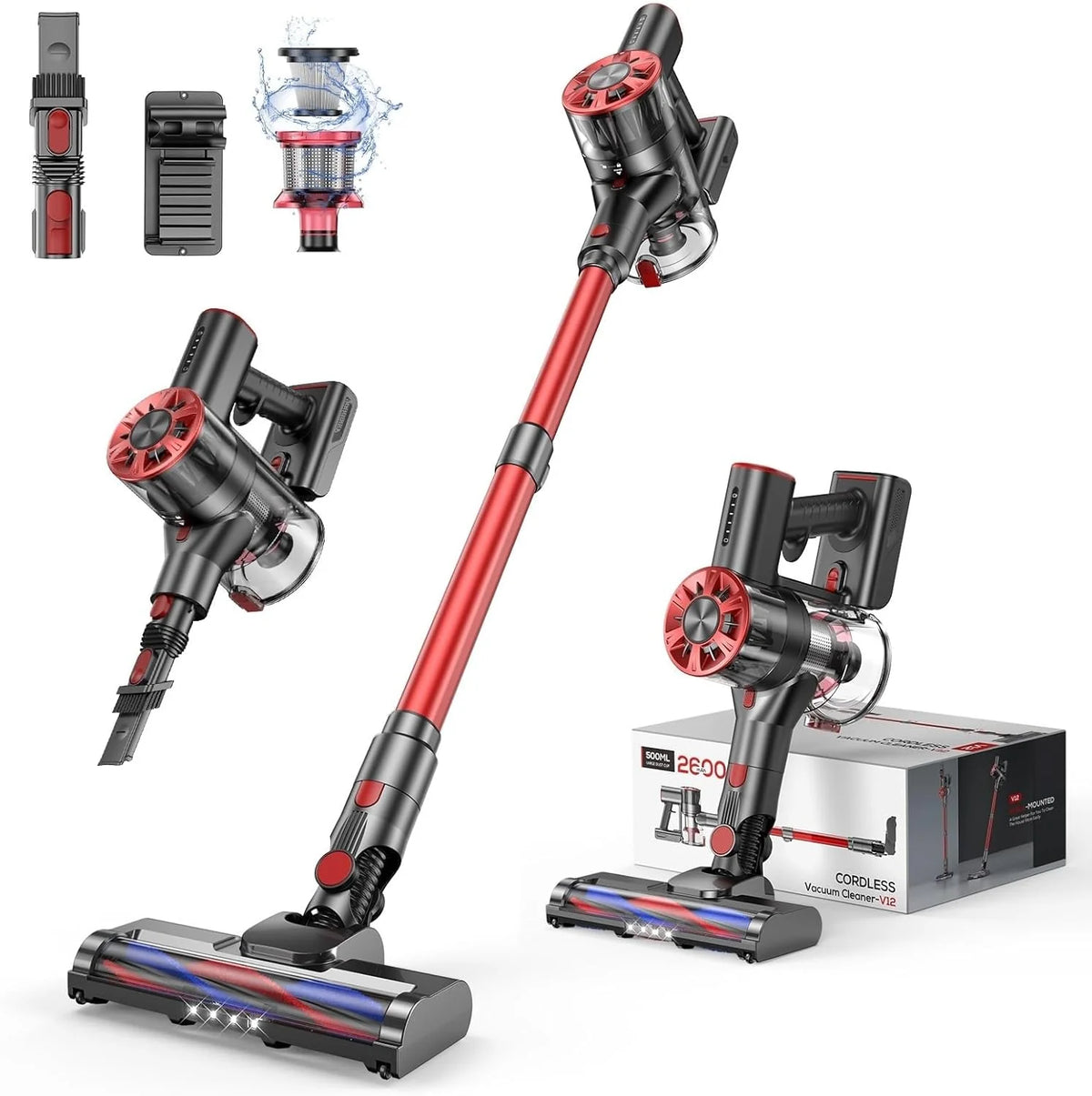 Cordless Vacuum Cleaner for Home, 80,000PRM Powerful 4 in 1 Lightweight Stick Vacuum with 2 Adjustable Suctions, Max 40 Mins Runtime, 2600mAh Rechargeable Vacuum Cleaners (Rave Red)