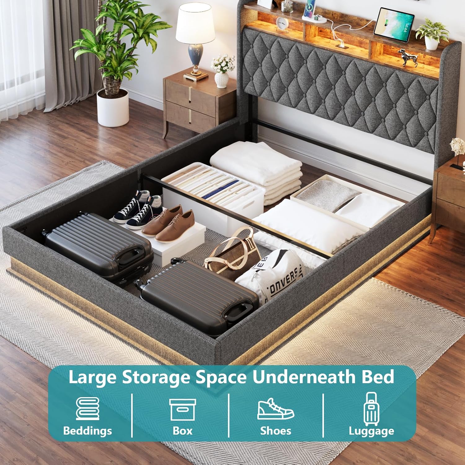 Queen Bed Frame with Storage Lift Up Queen Size Bed Frame Headboard Upholstered Platform Bed