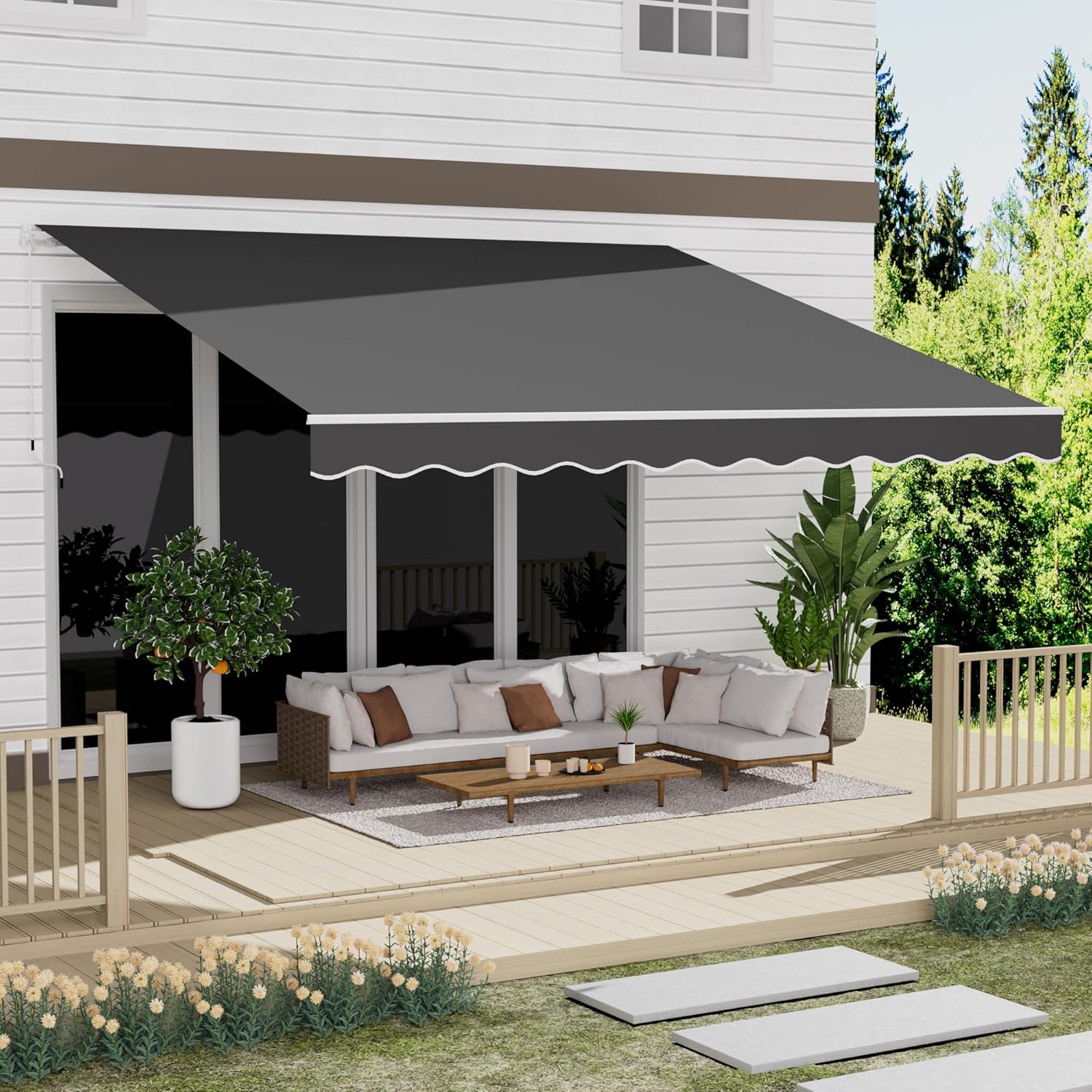 13' x 10' Awning for Patio, Sunsetter Retractable Awning Waterproof Cover Outdoor Patio Canopy, Sun Shade with Manual Crank Handle, Porch Shades for Outdoor, House, Deck, Dark Gray