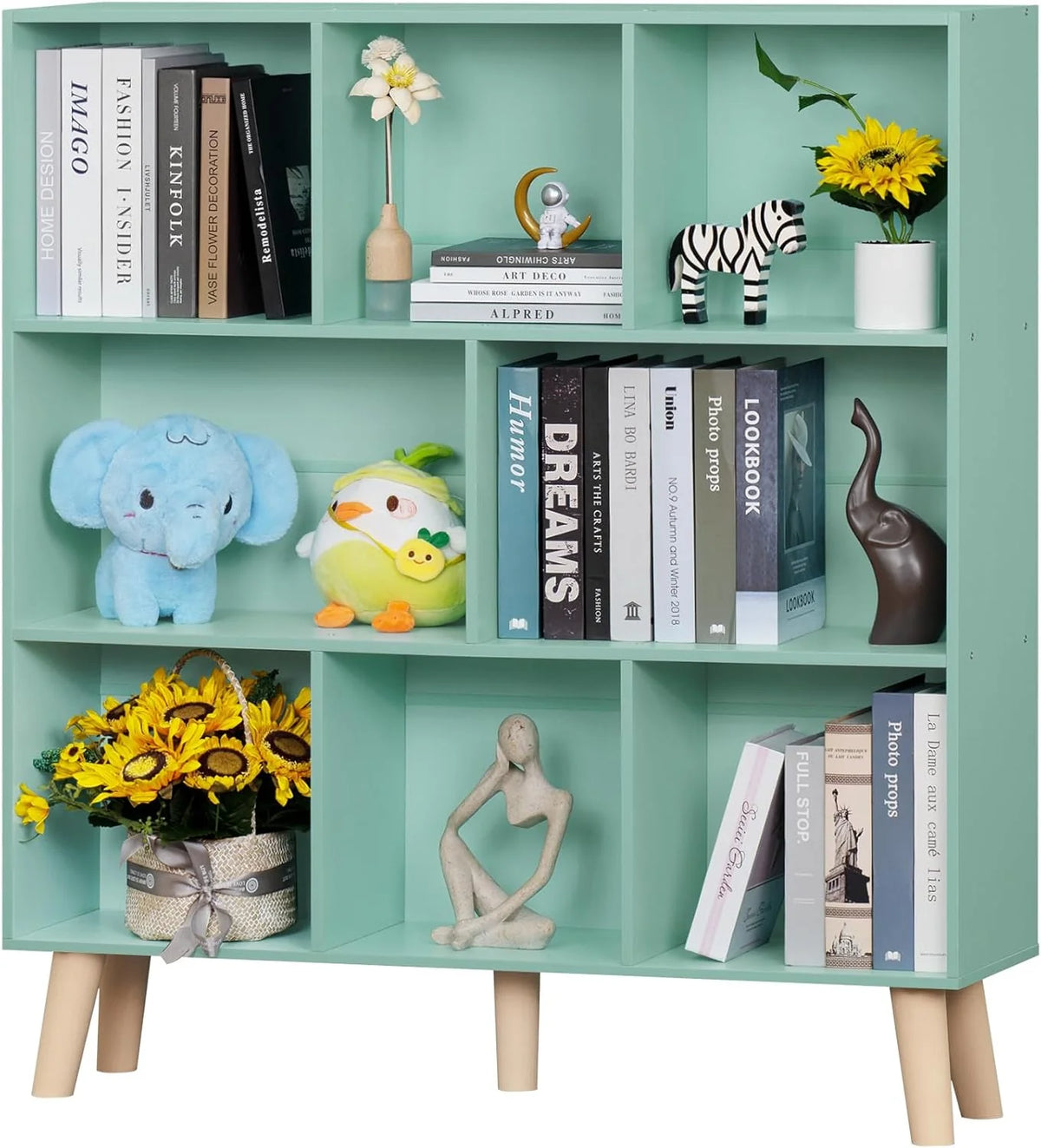 LEYAOYAO Wooden 7 Cube Book Shelf Natural Bookshelf Legs Modern Open Storage Organizer