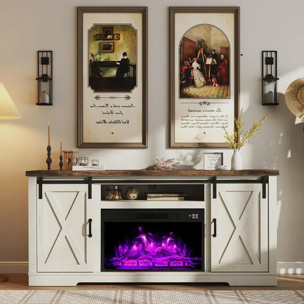 AMERLIFE Fireplace TV Stand with Sliding Barn Door  Farmhouse 63 Fireplace Entertainment Center