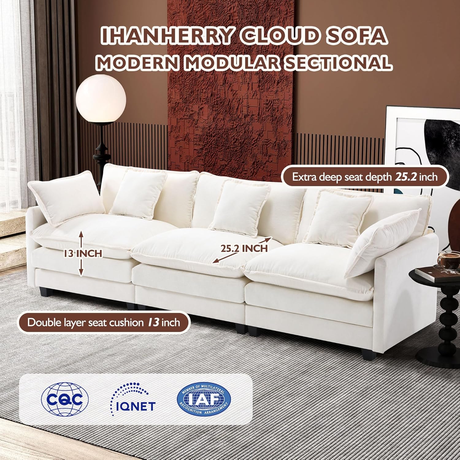 111.4 Inch L Shaped Modern Sofa Modular Cloud Sofa with Ottoman 4 Seater Chenille Deep Seat Sofa