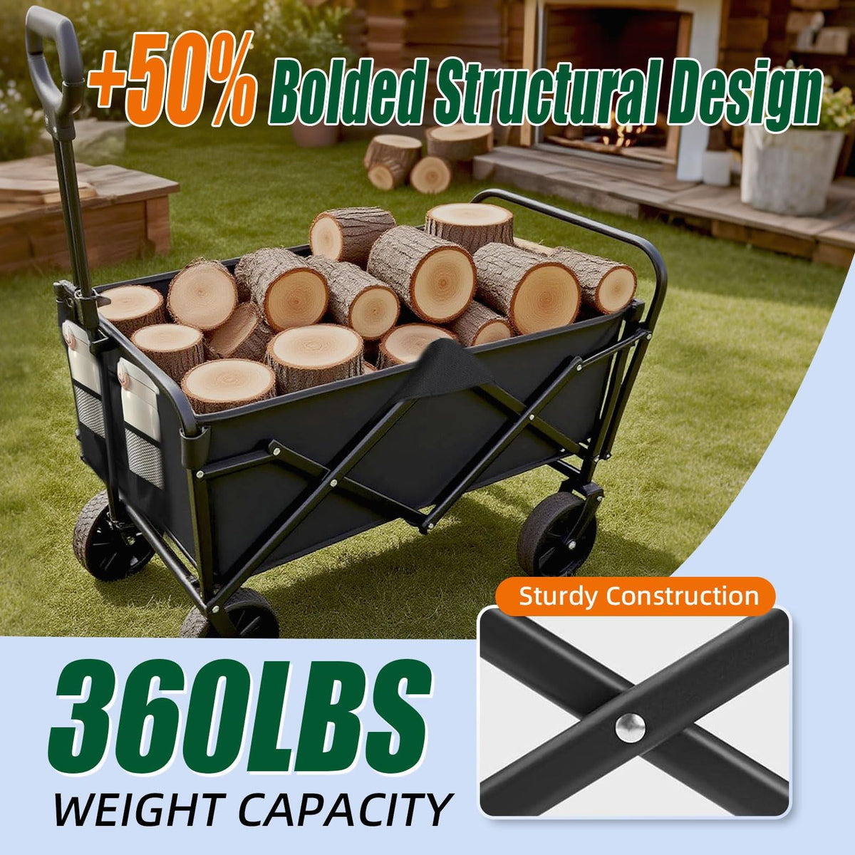 Foldable 4-wheel cart, foldable, 37 inches long, 480 lb capacity, heavy-duty beach cart, shopping cart with wheels