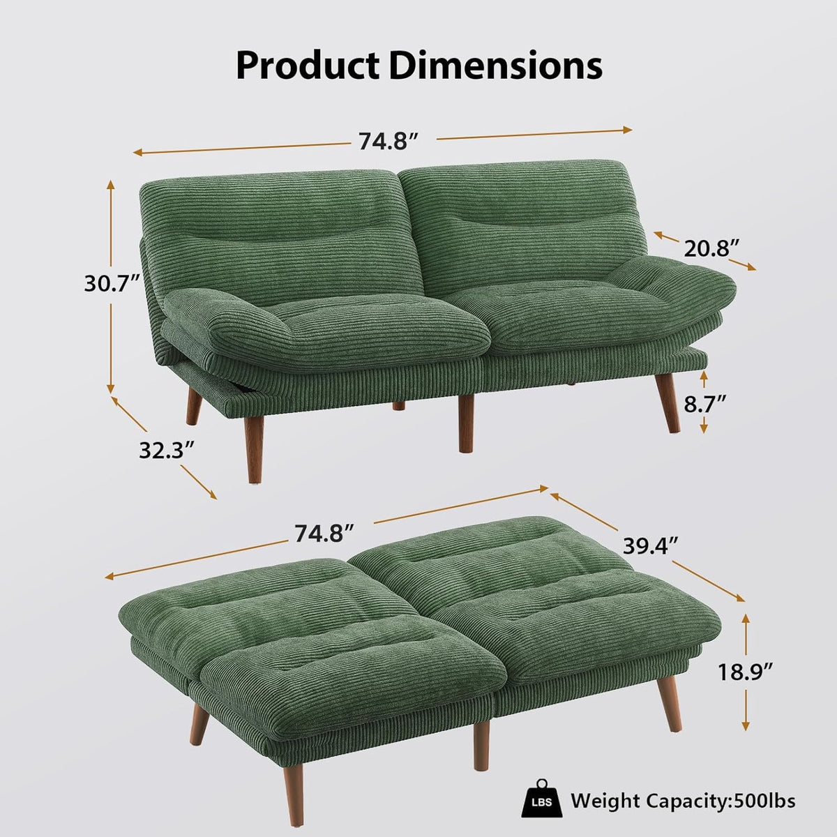 Convertible Futon Sofa Bed, 66 Inch Corduroy Futon Sofa Recliner Sofa Bed for Small Spaces, Playrooms or Offices