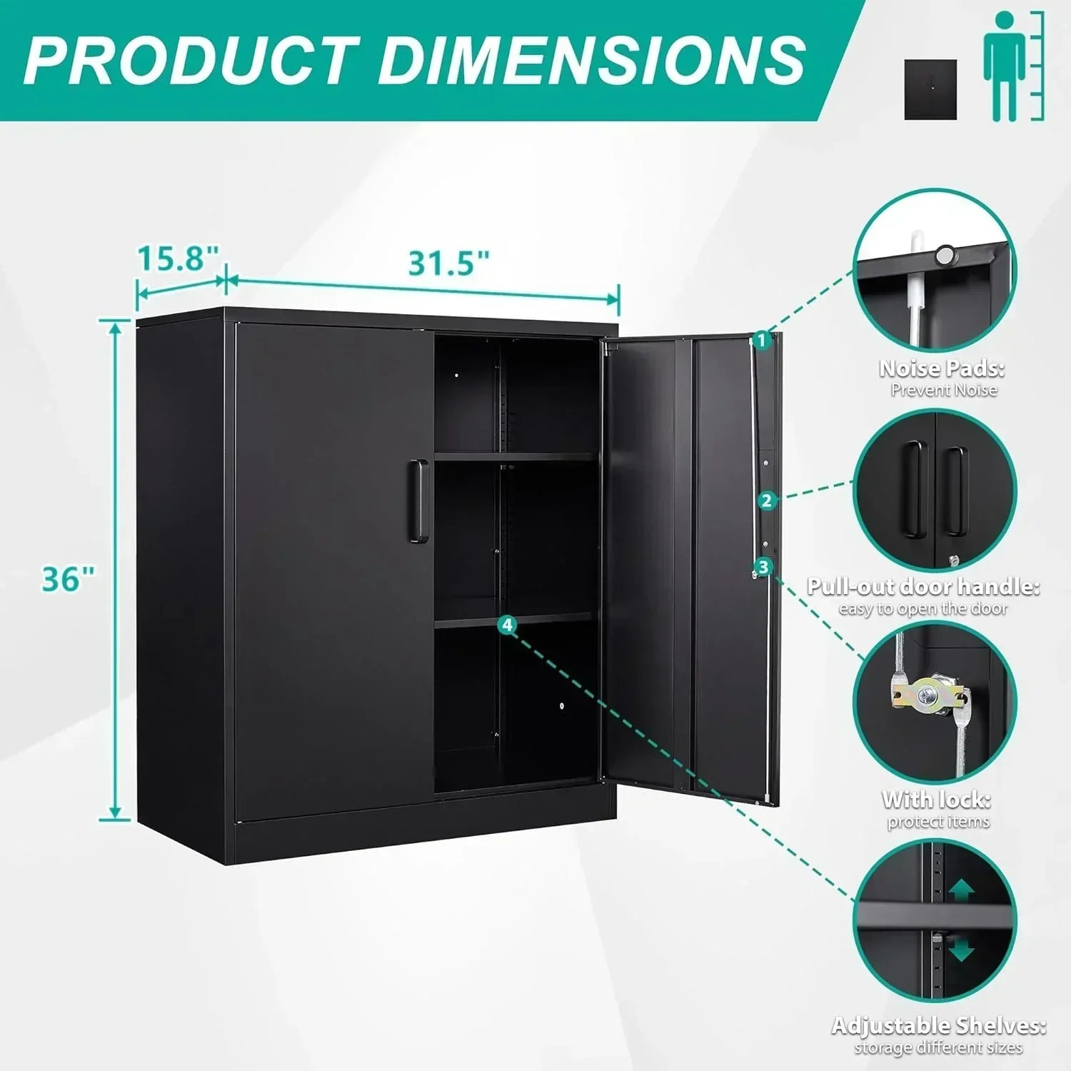 Metal Storage Cabinet with 2 Doors and 6 Shelves Black Metal Cabinet Garage Storage Cabinet