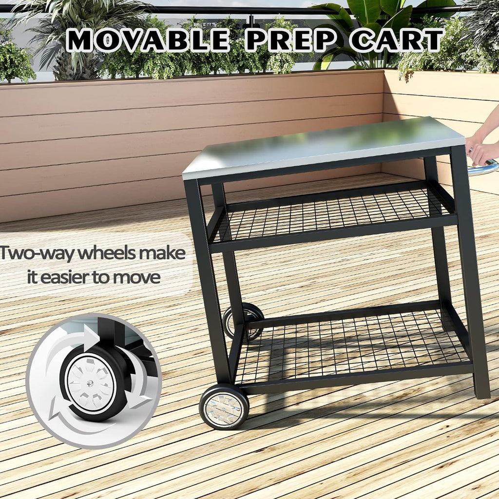 Stainless Steel Outdoor Grill Cart Pizza Oven Stand Trolley Table with Wheels Three-Shelf
