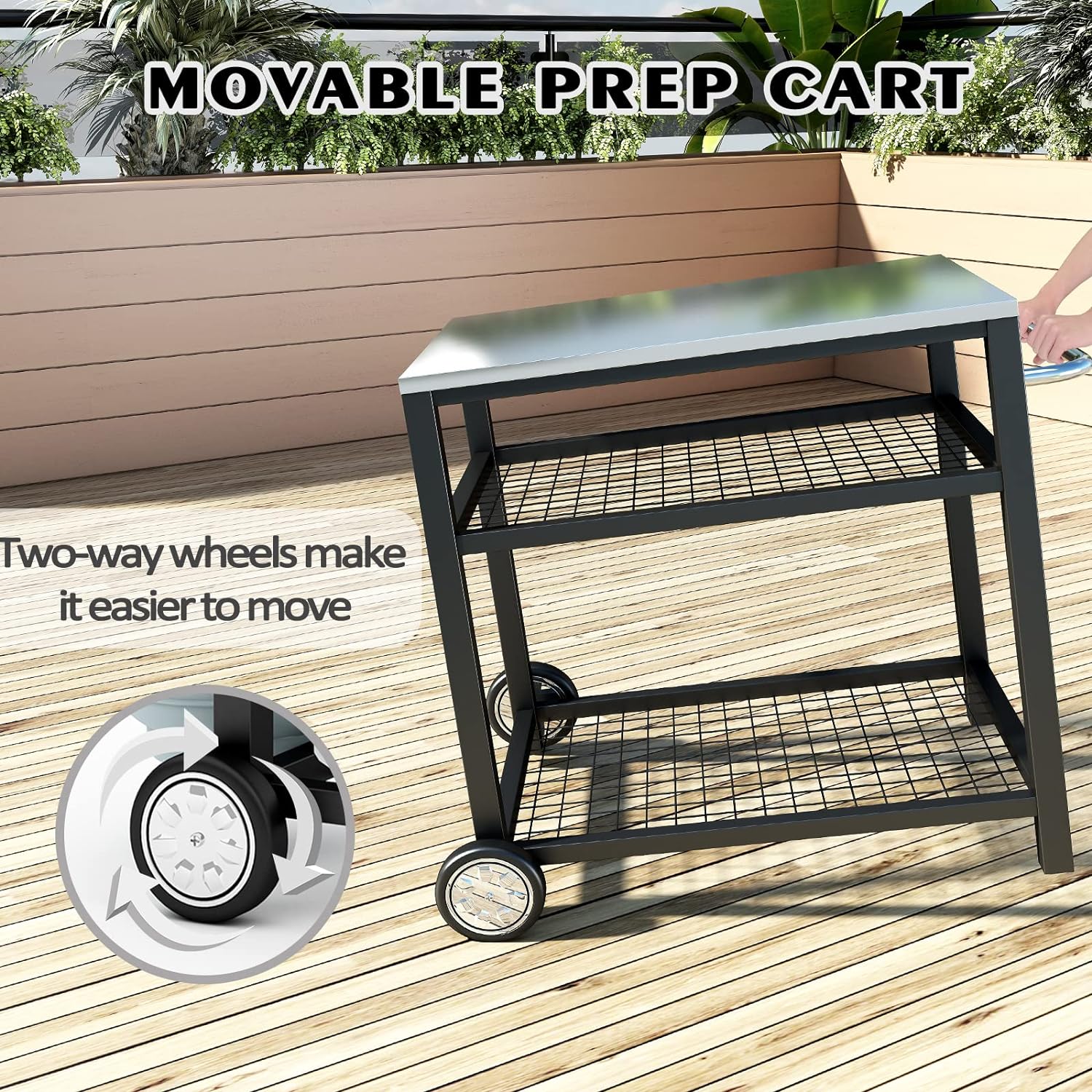Stainless Steel Outdoor Grill Cart Pizza Oven Stand Trolley Table with Wheels Three-Shelf